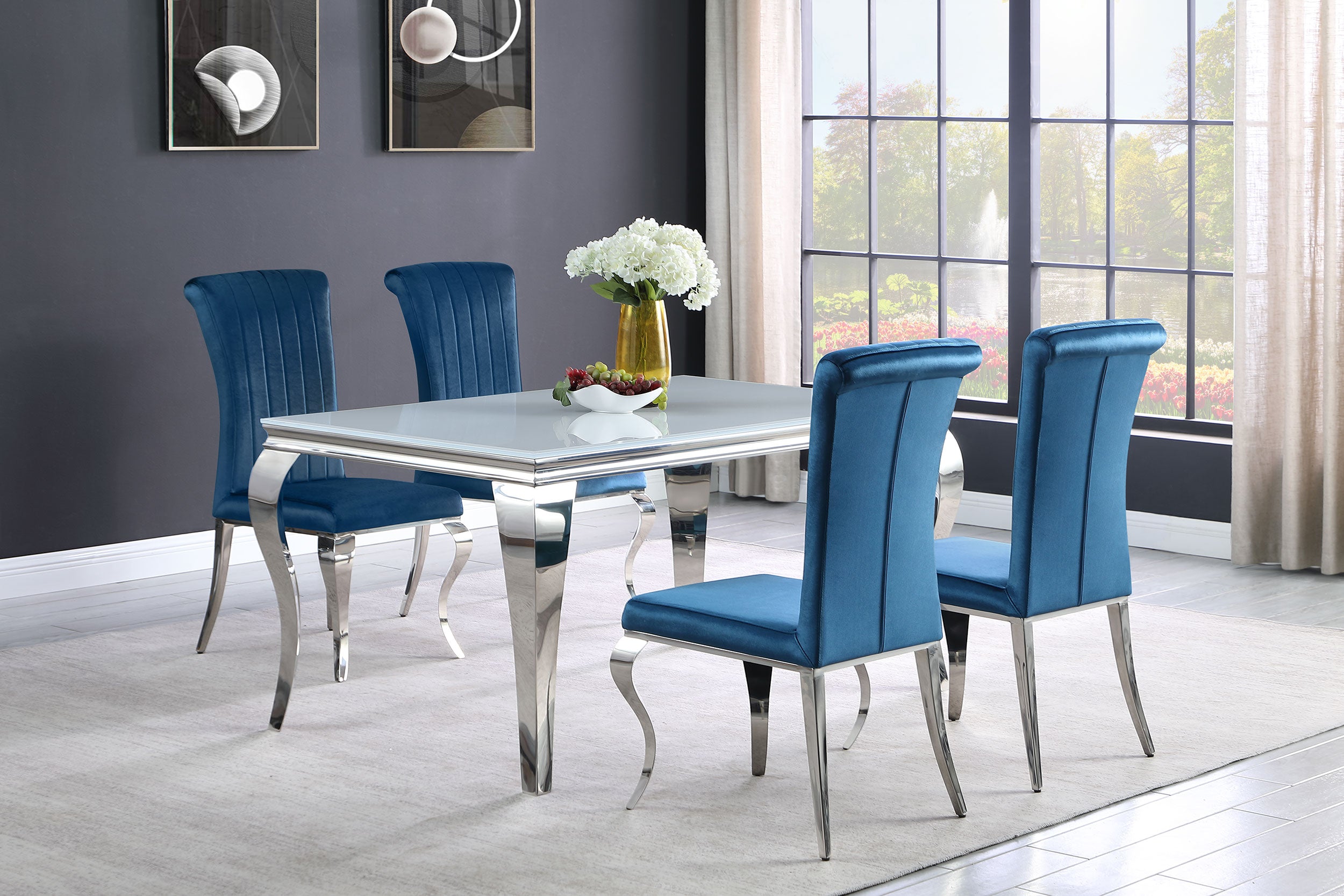 Best Furniture Outlet - Coaster - Carone 5-piece 61-inch Rectangular White Glass Dining Set Teal - 115091-S5T