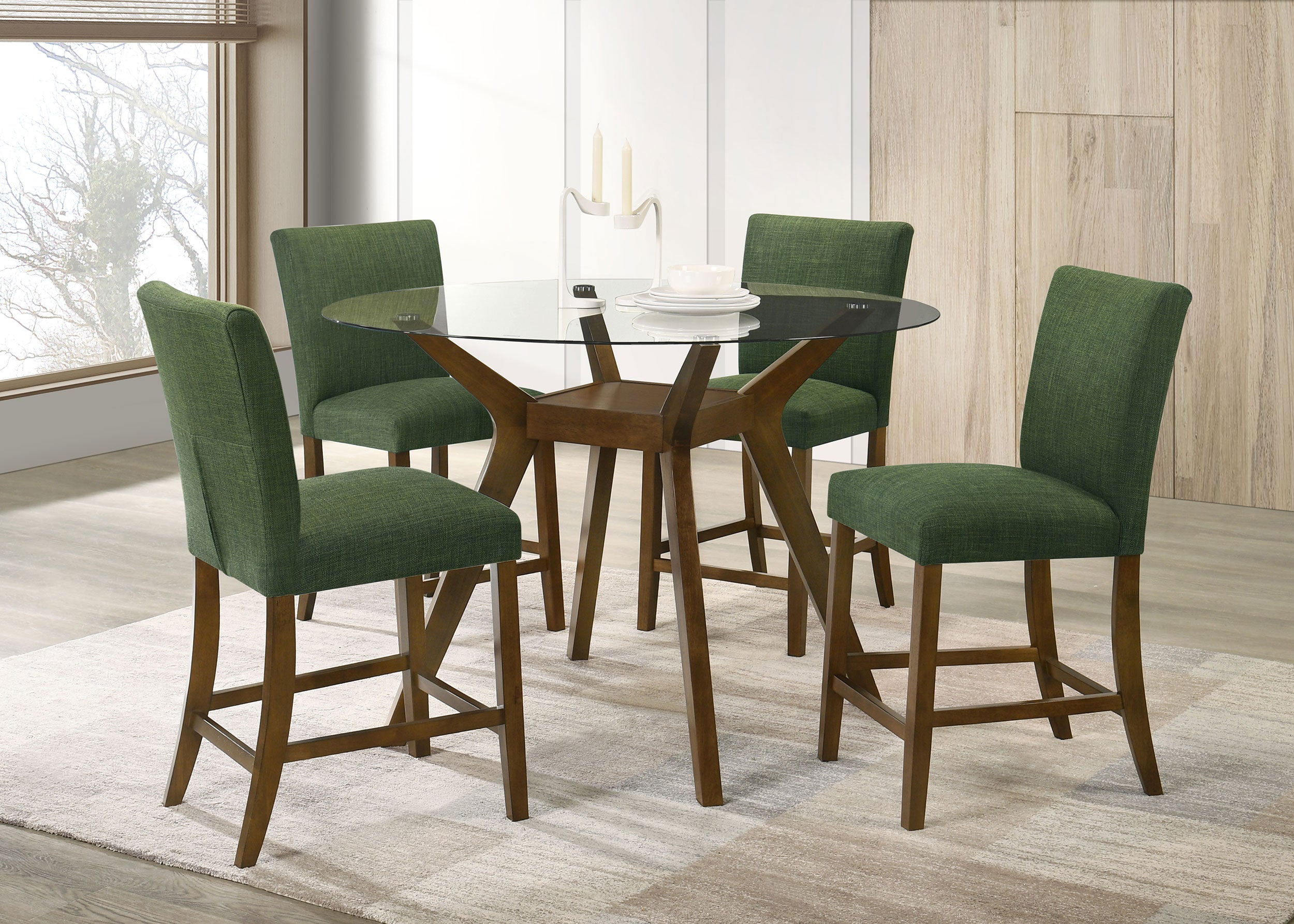 Best Furniture Outlet - Coaster - Paxton 5-piece Round Glass Top Counter Height Dining Set Green - 122178-S5GRN