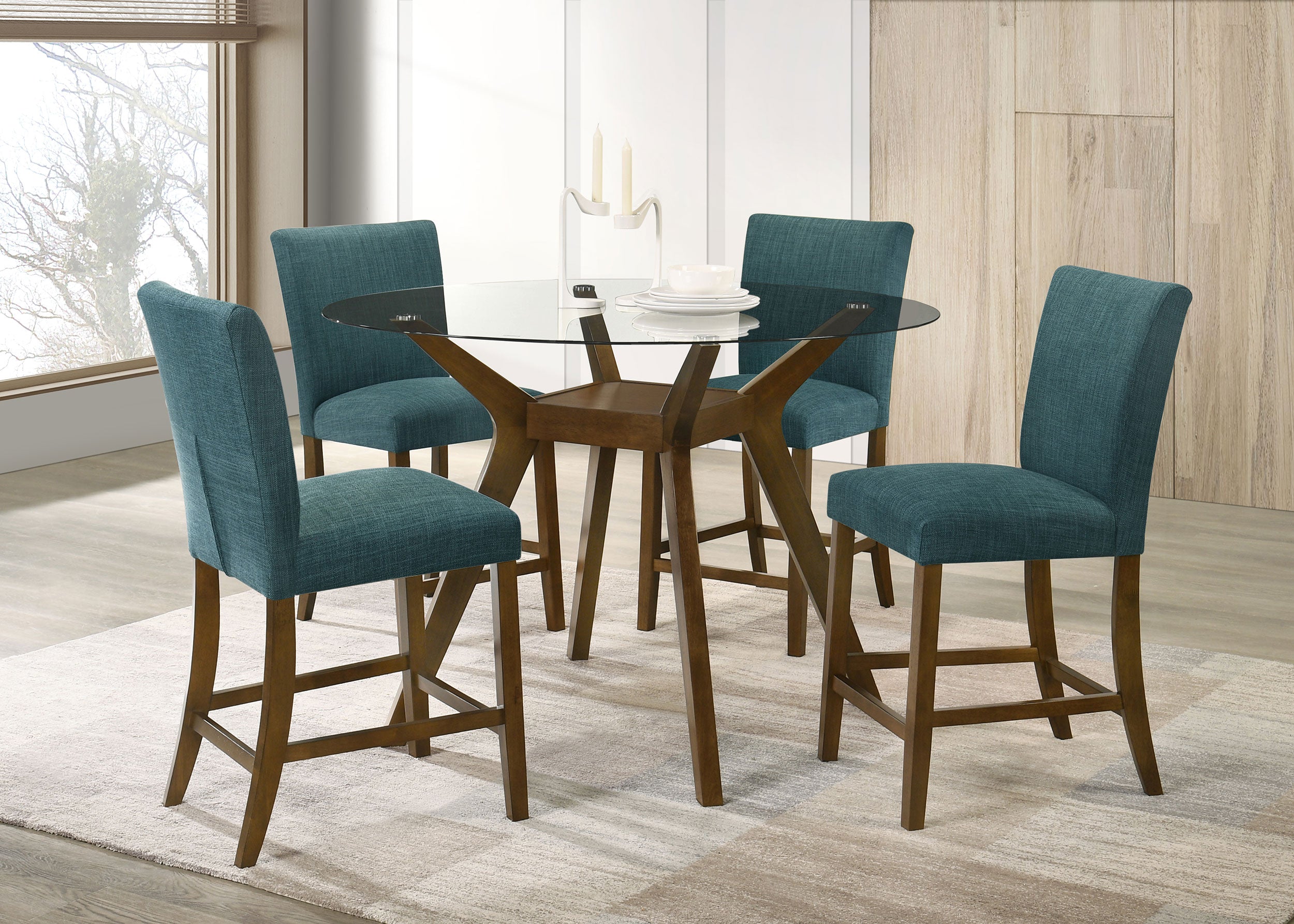 Best Furniture Outlet - Coaster - Paxton 5-piece Round Glass Top Counter Height Dining Set Teal Blue - 122178-S5TLB