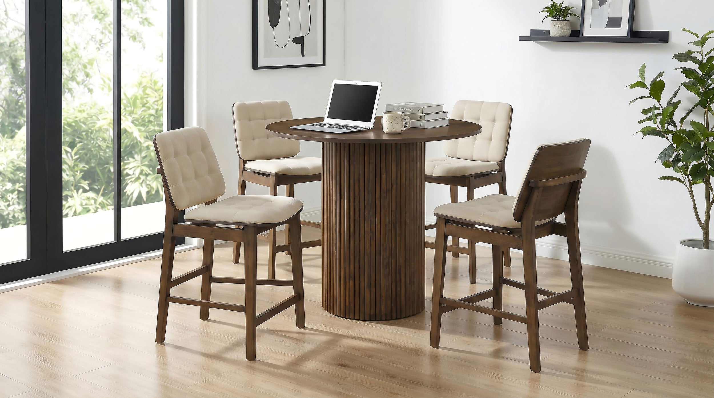 Best Furniture Outlet - Coaster - Hamlyn 5-piece Round Wood Counter Height Dining Set Cream and Walnut - 193938WAL-S5D