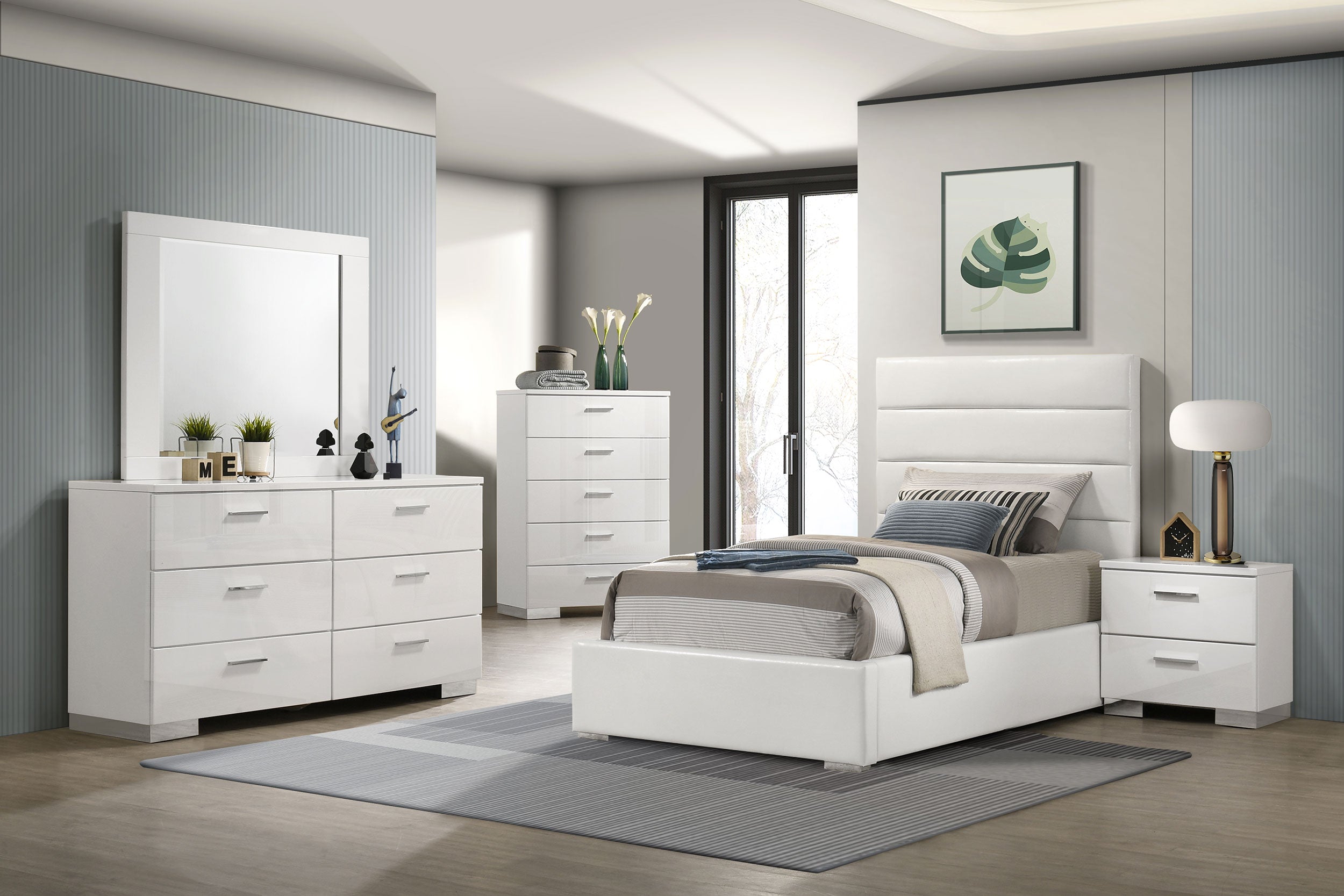 Best Furniture Outlet - Coaster - Felicity 5-piece Twin Bedroom Set White High Gloss - 203511T-S5