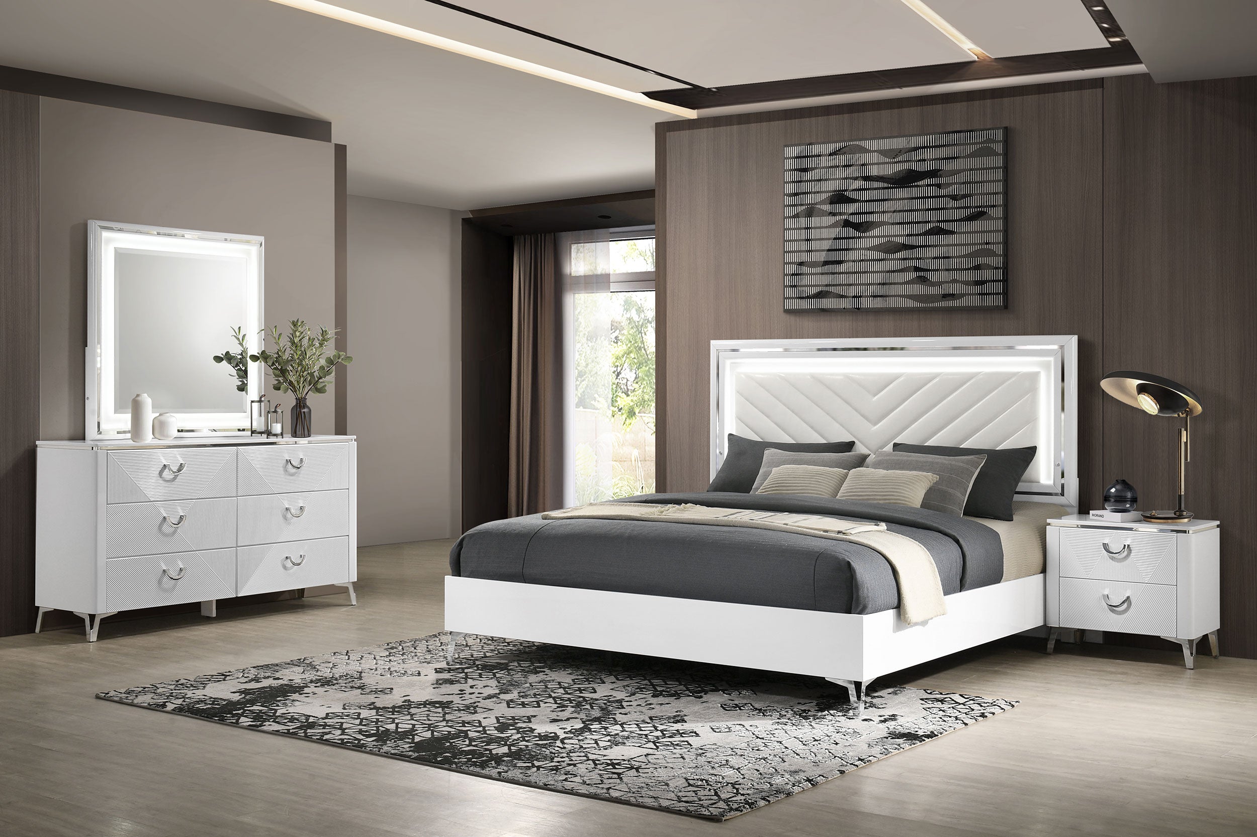 Best Furniture Outlet - Coaster - Cassia 4-piece Queen LED Bedroom Set White High Gloss - 215791Q-S4