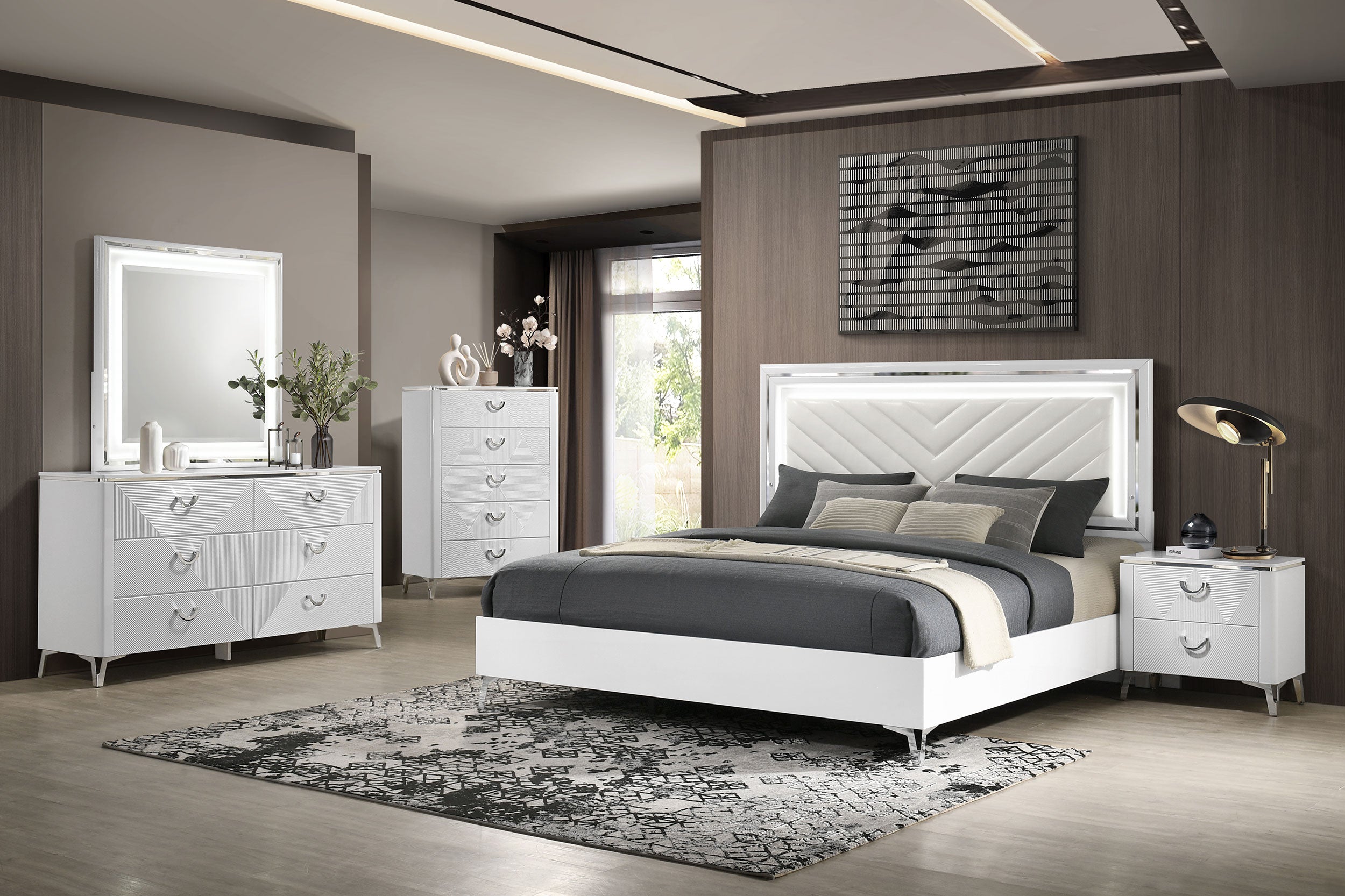 Best Furniture Outlet - Coaster - Cassia 5-piece Queen LED Bedroom Set White High Gloss - 215791Q-S5