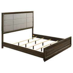 Best Furniture Outlet - Coaster - Atlas 63-inch Eastern King Upholstered Panel Bed Grey and Dark Oak - 215971KE