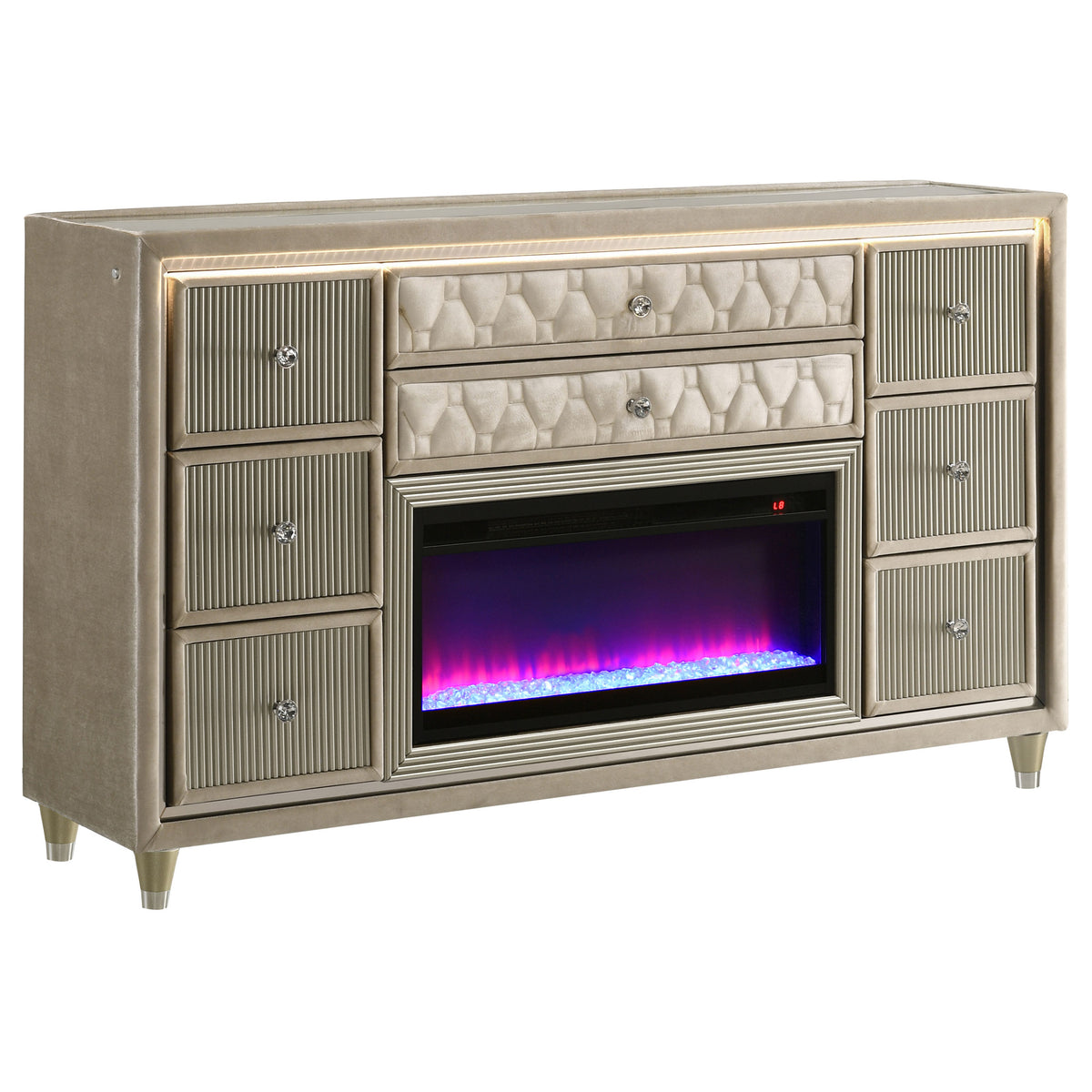 Best Furniture Outlet - Coaster - Lorient 8-drawer LED Bedroom Flame Box Dresser Ivory Camel - 222663FB