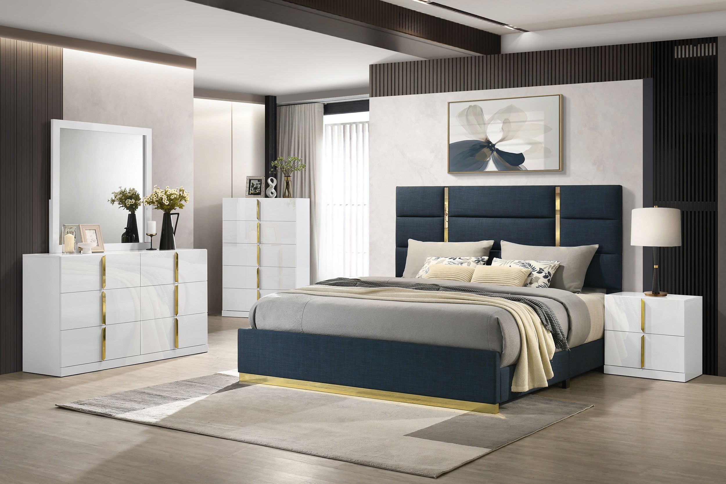 Best Furniture Outlet - Coaster - Ines 5-piece Queen Bedroom Set Navy and White High Gloss - 223091NVYQ-S5