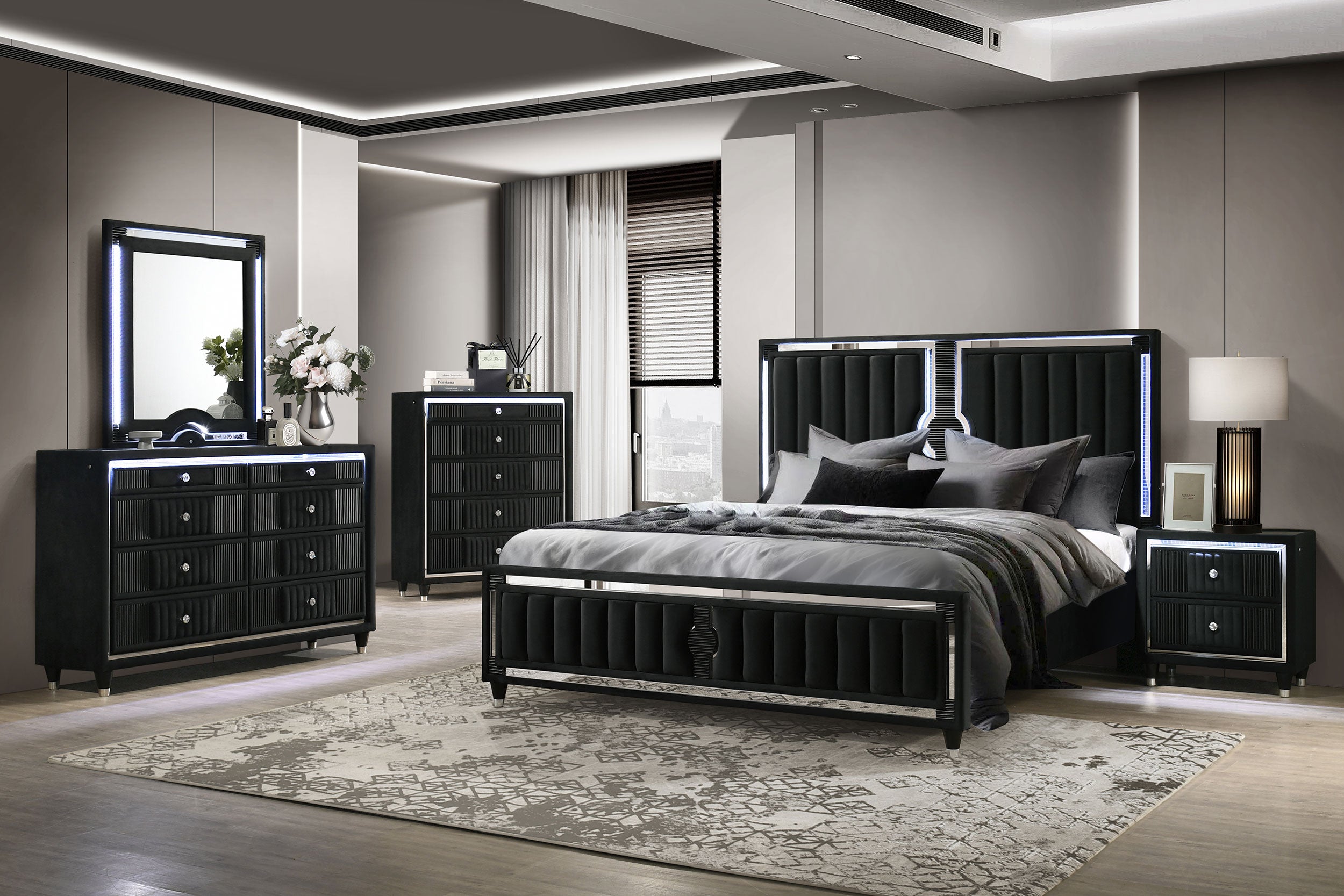 Best Furniture Outlet - Coaster - Ravenne 5-piece Velvet Upholstered California King LED Bedroom Set Black - 223191KW-S5