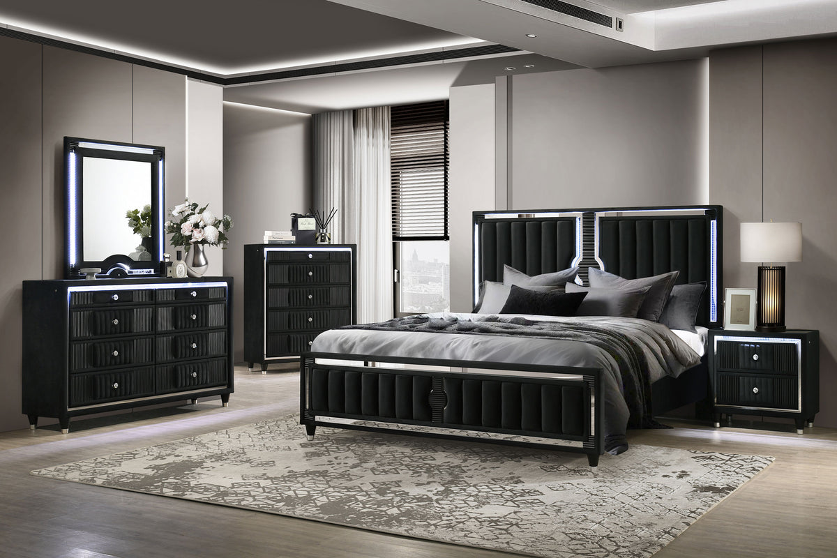 Best Furniture Outlet - Coaster - Ravenne 5-piece Velvet Upholstered Queen LED Bedroom Set Black - 223191Q-S5