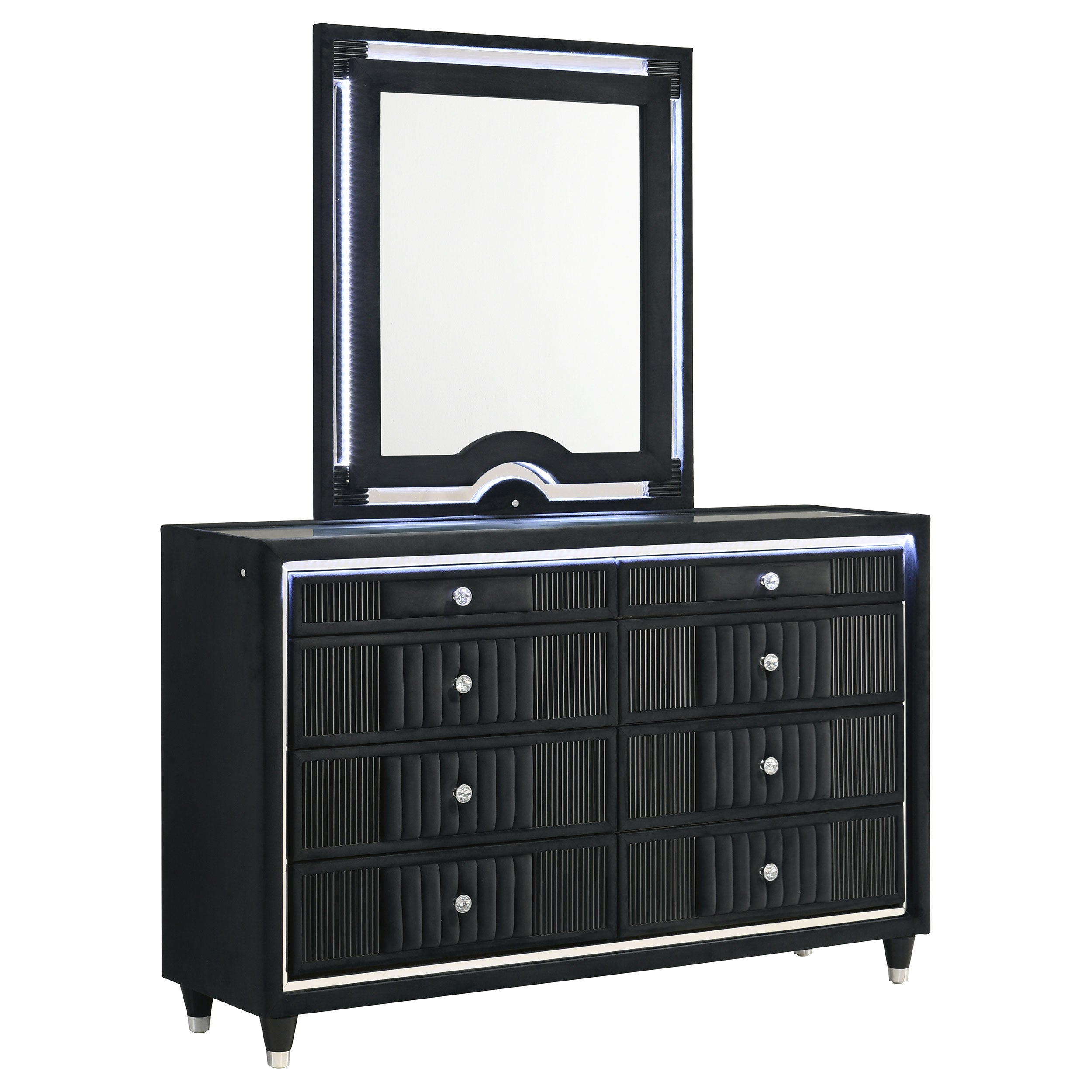 Best Furniture Outlet - Coaster - Ravenne 8-drawer Velvet Upholstered LED Dresser and Mirror Black - 223193M