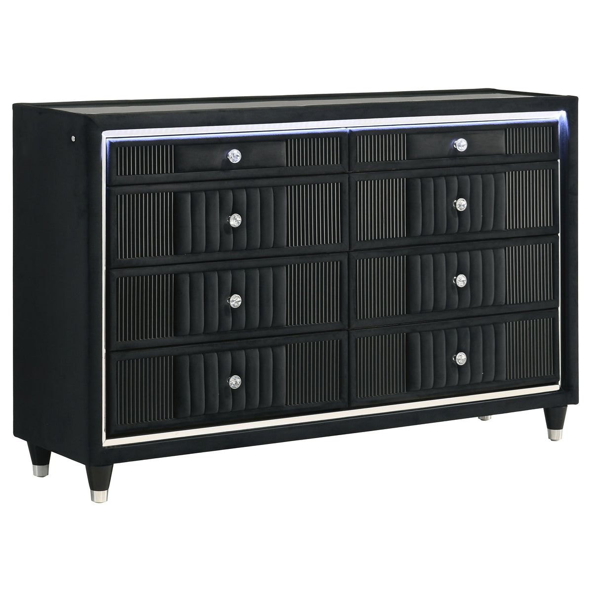 Best Furniture Outlet - Coaster - Ravenne 8-drawer Velvet Upholstered LED Dresser Cabinet Black - 223193