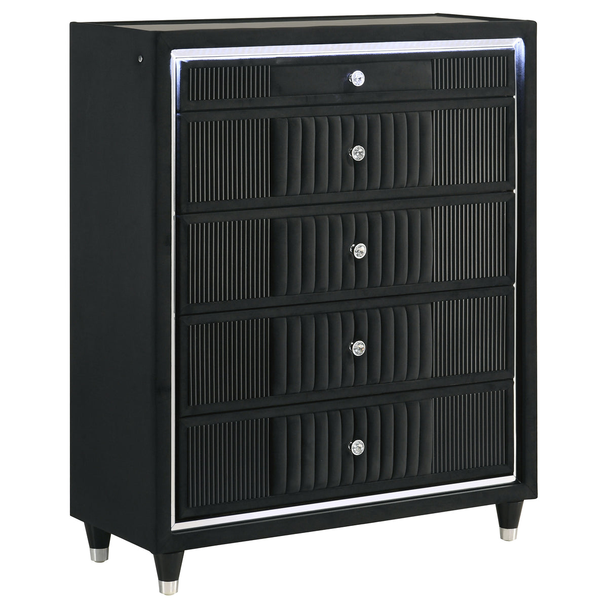 Best Furniture Outlet - Coaster - Ravenne 5-drawer Velvet Upholstered LED Chest of Drawers Black - 223195