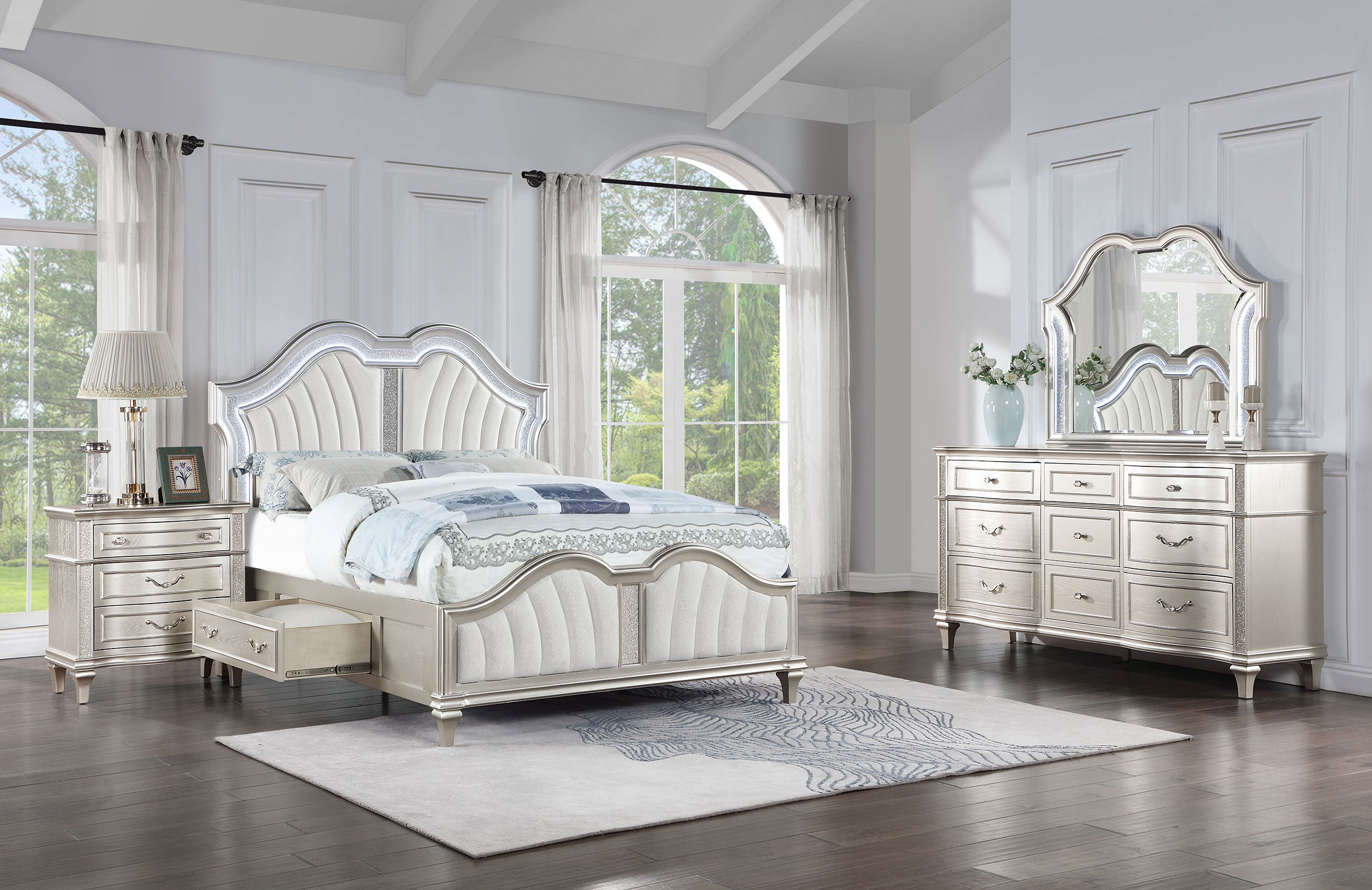 Best Furniture Outlet - Coaster - Evangeline 4-piece Eastern King Bedroom Set Silver Oak - 223390KE-S4