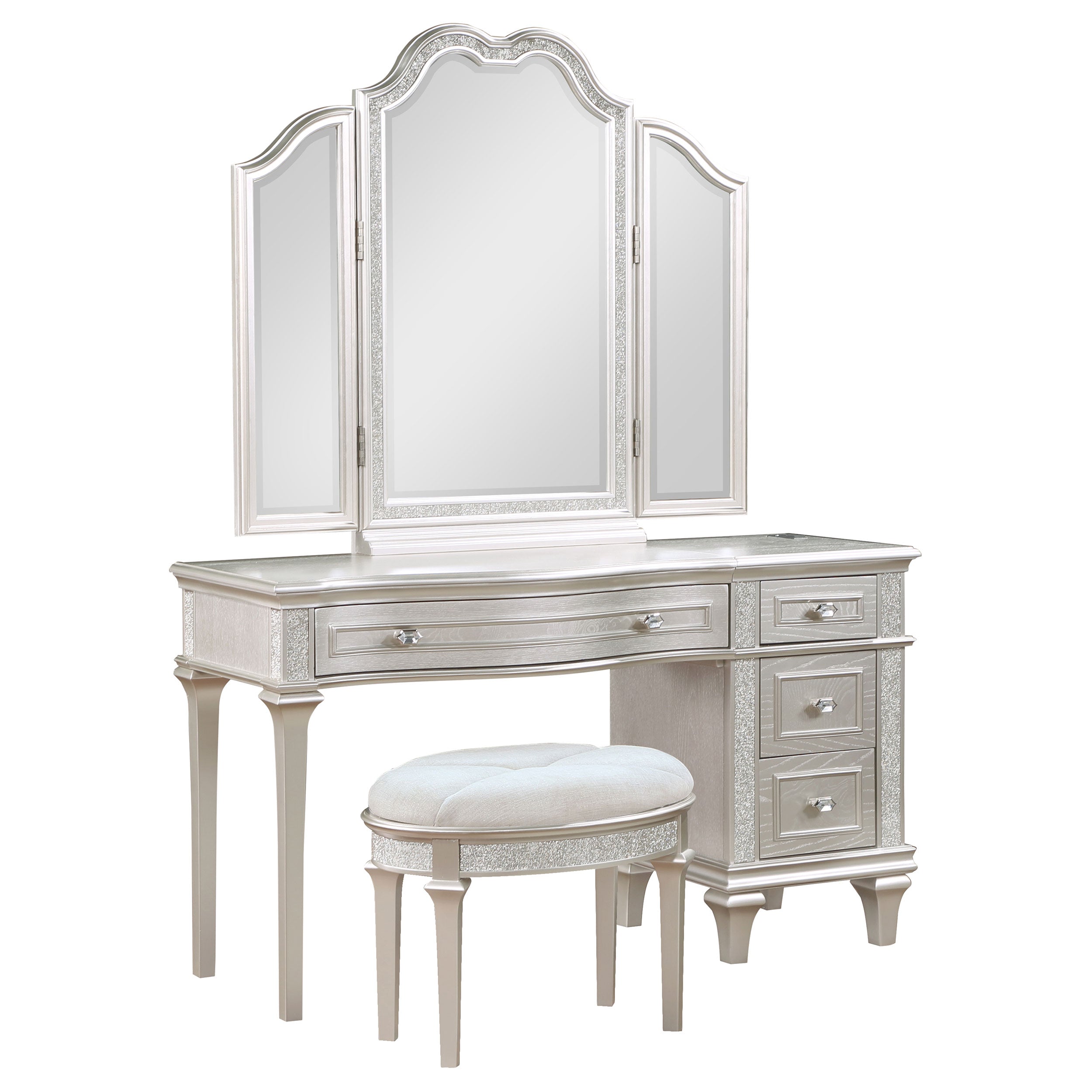 Best Furniture Outlet - Coaster - Evangeline 4-drawer Vanity Set with Stool Silver Oak - 223397-SET