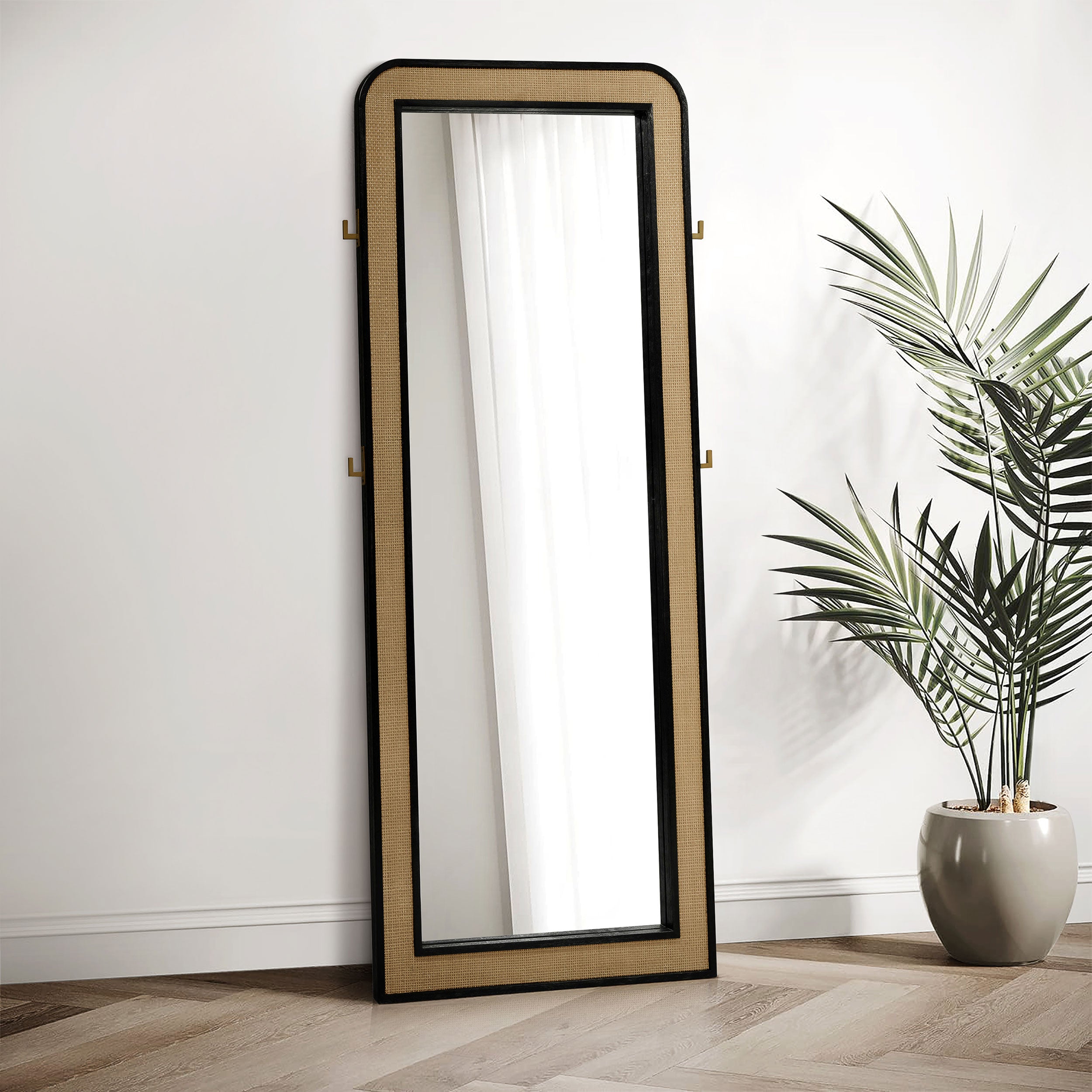 Best Furniture Outlet - Coaster - Arini Cane Weave Full Length Standing Floor Mirror Black - 224339