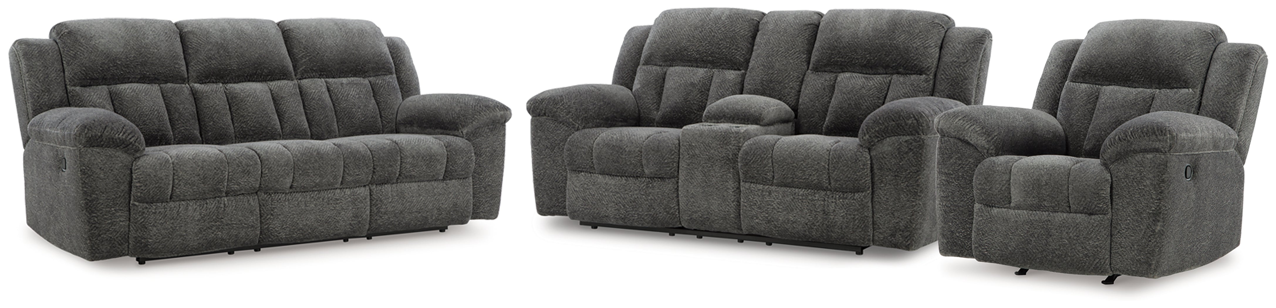 Best Furniture Outlet - Ashley Furniture - Frohn Reclining Sofa, Loveseat and Recliner - Reclining Sofa, Loveseat and Recliner / Graphite - 37406U4
