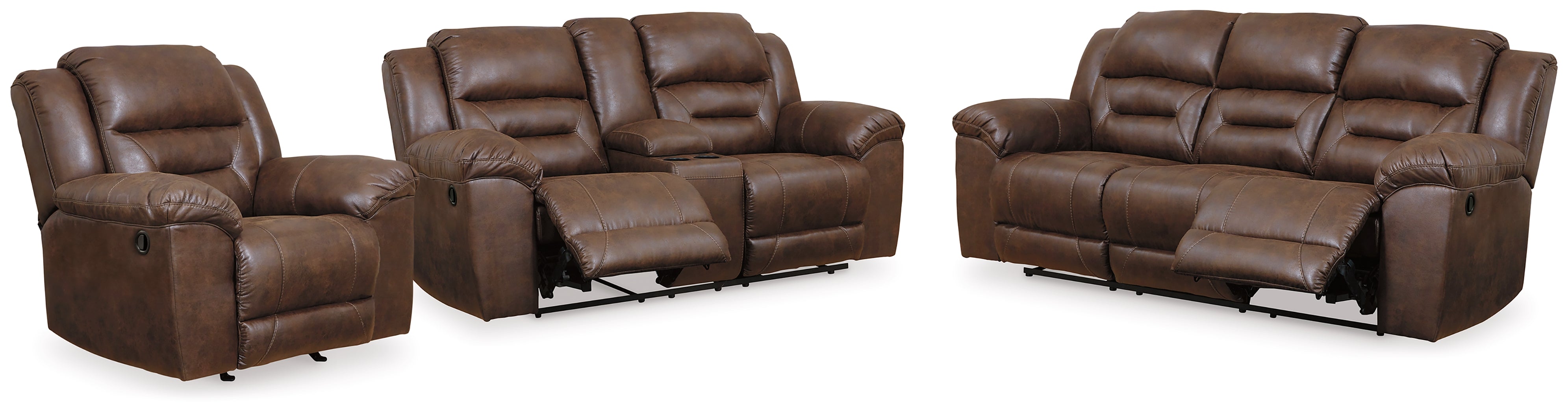 Best Furniture Outlet - Ashley Furniture - Stoneland Reclining Sofa, Loveseat and Recliner - Reclining Sofa, Loveseat and Recliner / Chocolate - 39904U4