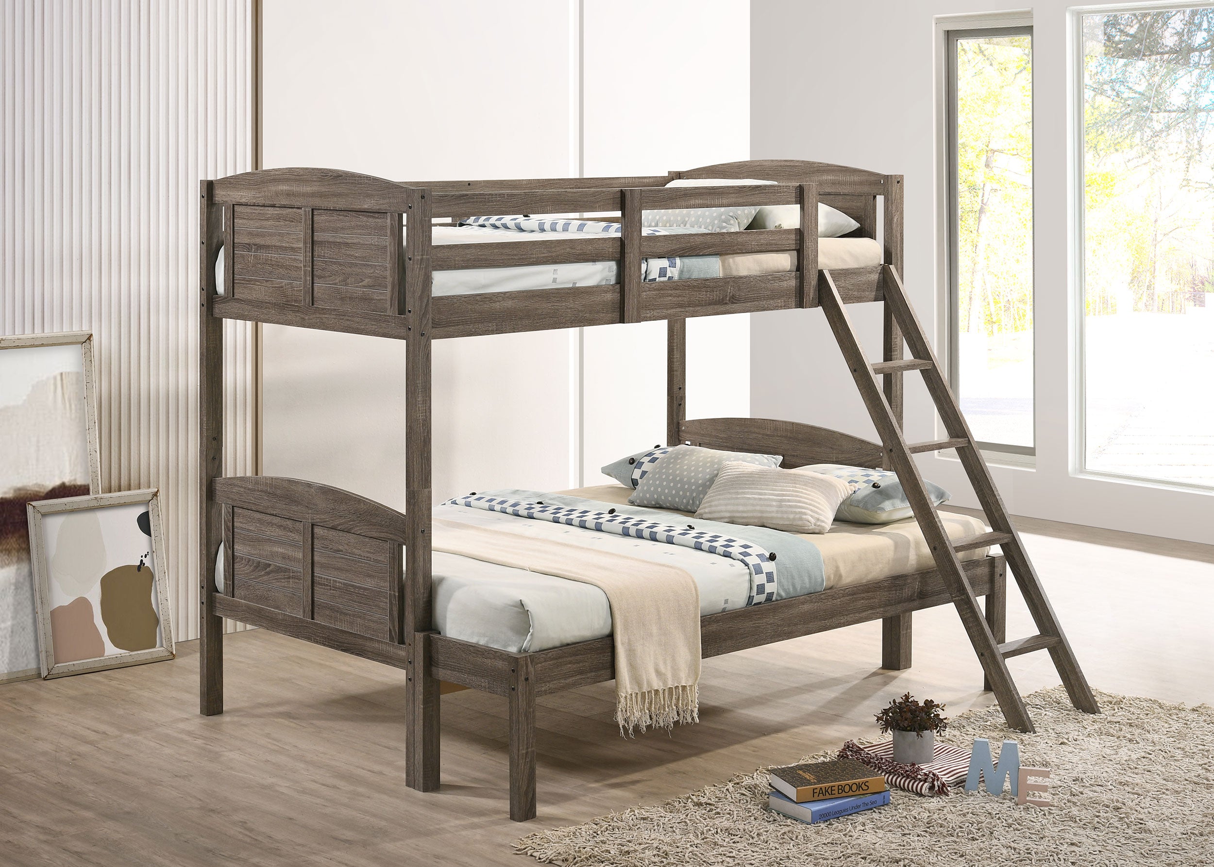Best Furniture Outlet - Coaster - Flynn Wood Twin Over Full Bunk Bed with Mattress Weathered Brown - 400809-SM