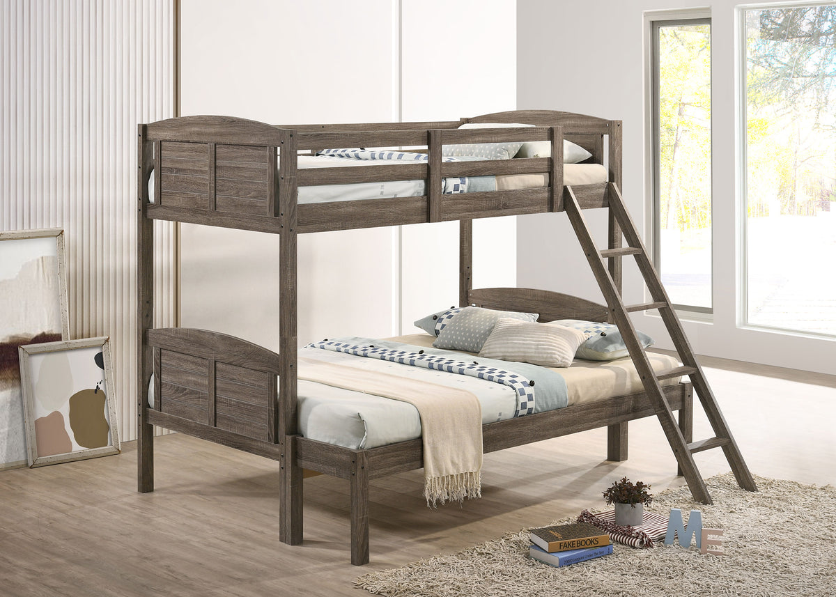 Best Furniture Outlet - Coaster - Flynn Wood Twin Over Full Bunk Bed with Mattress Weathered Brown - 400809-SM