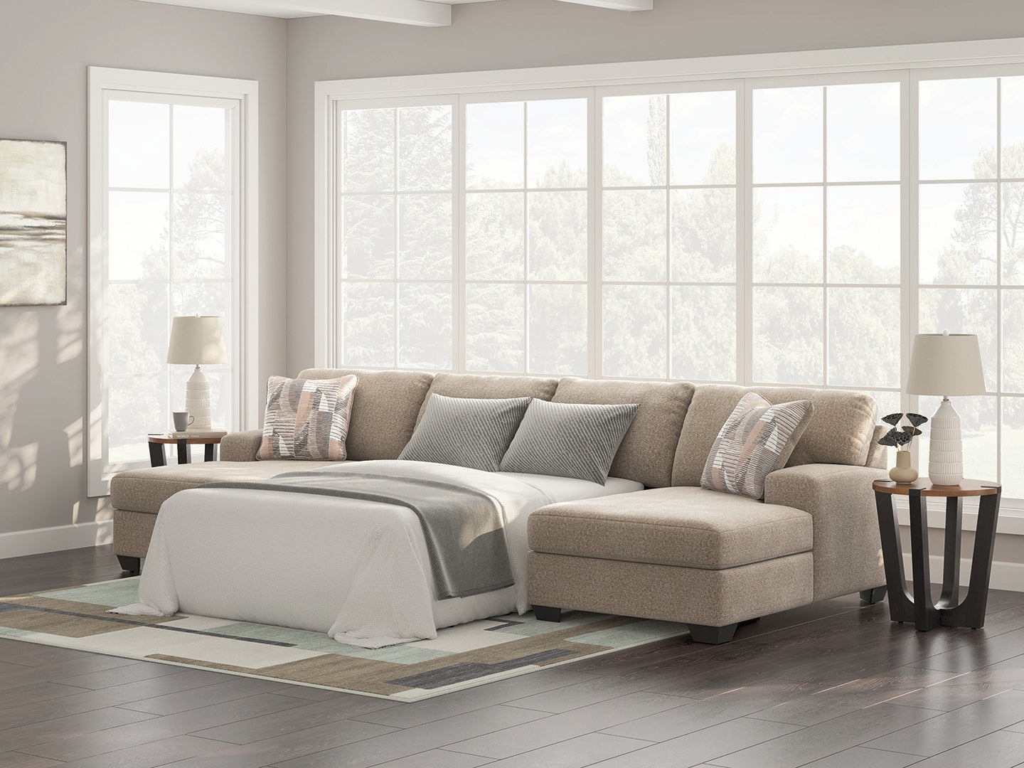 Best Furniture Outlet - Ashley Furniture - Newellen Sectional - RAF 3-Piece Sleeper Sectional with Double Chaise / Hemp - 48404S7