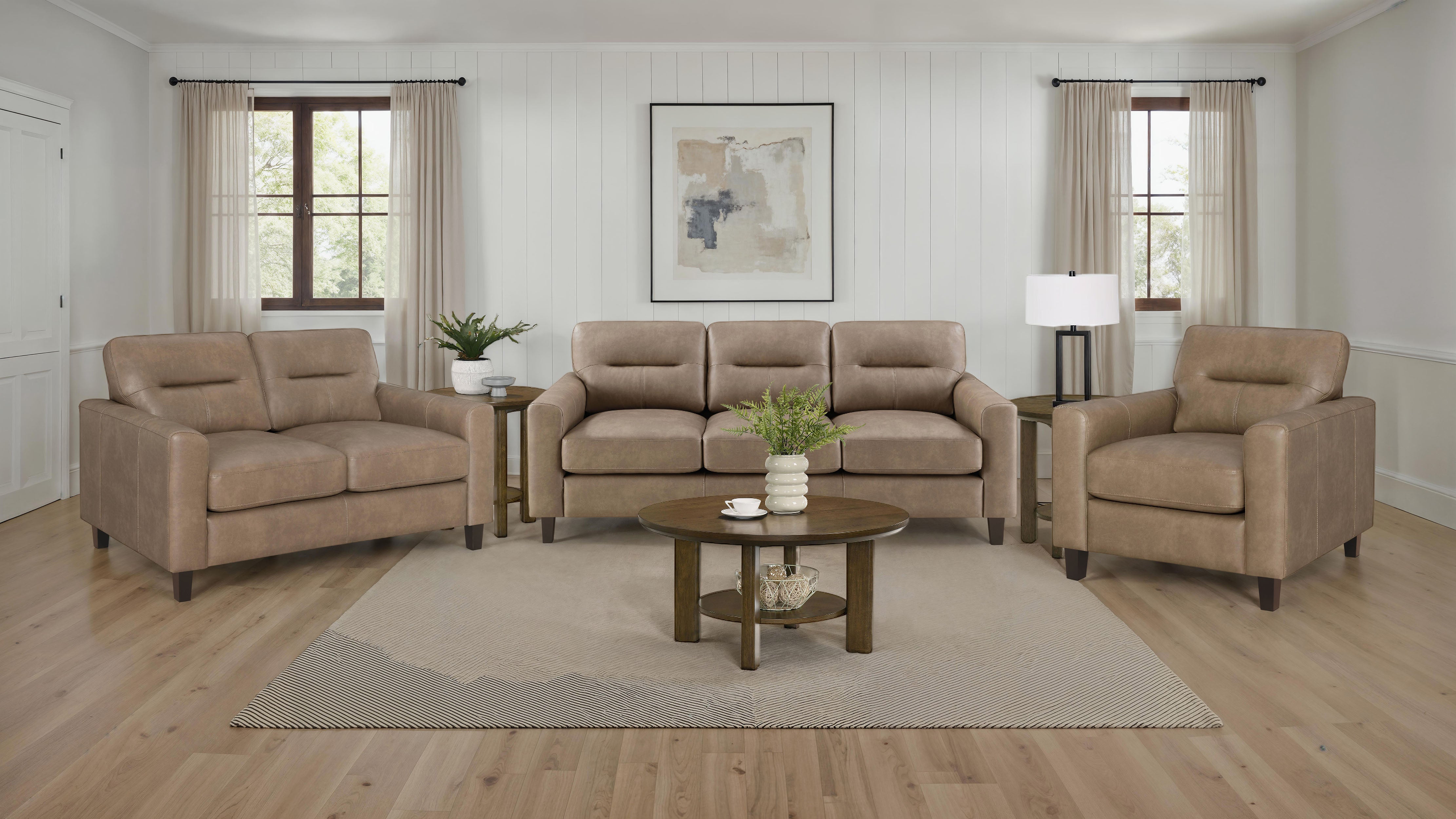 Best Furniture Outlet - Coaster - Scotland 3-piece Faux Leather Upholstered Sofa Set Brown - 504667-S3