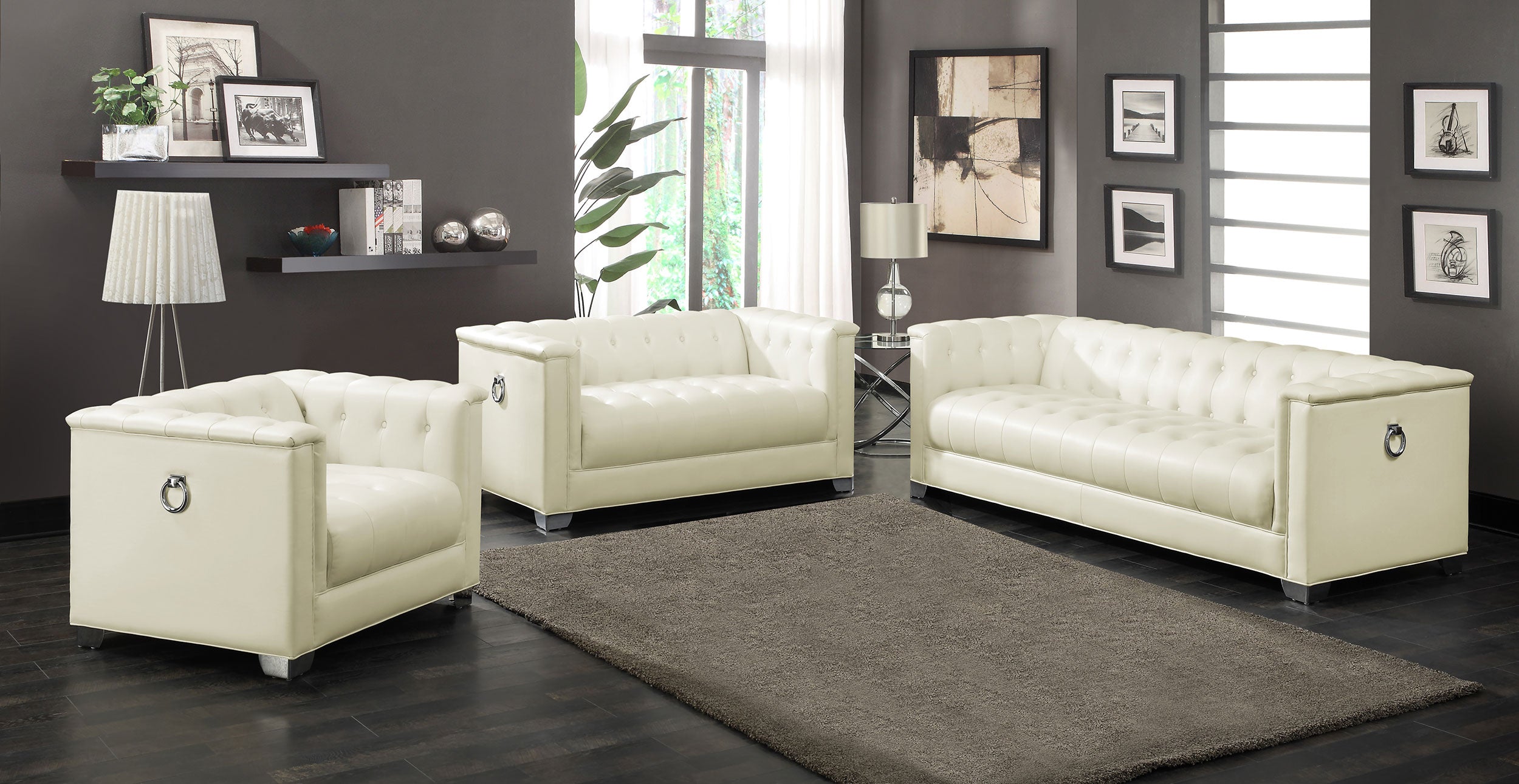 Best Furniture Outlet - Coaster - Chaviano 3-piece Upholstered Track Arm Sofa Set Pearl White - 505391-S3