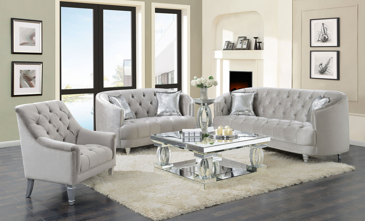 Best Furniture Outlet - Coaster - Avonlea 3-piece Upholstered Sloped Arm Sofa Set Grey Velvet - 508461-S3