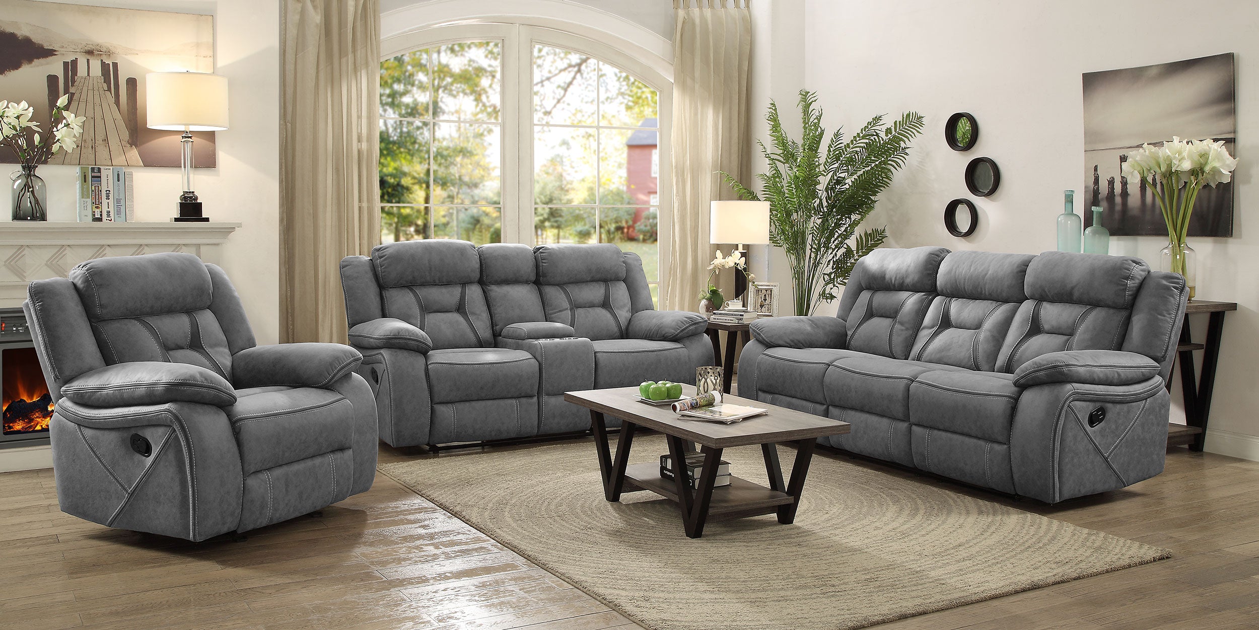 Best Furniture Outlet - Coaster - Higgins 3-piece Upholstered Motion Reclining Sofa Set Grey - 602261-S3