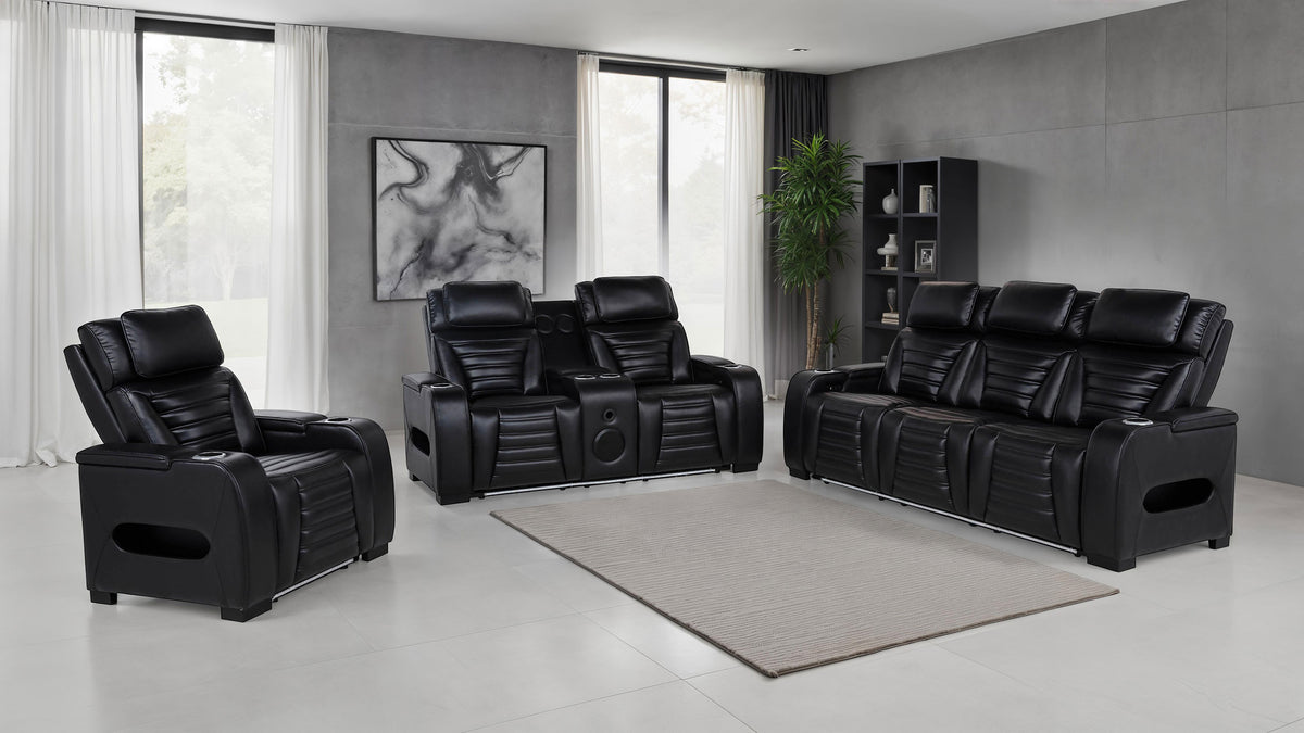 Best Furniture Outlet - Coaster - Zuma 3-piece Faux Leather Dual Power LED Sofa Set Black - 603251PP-S3