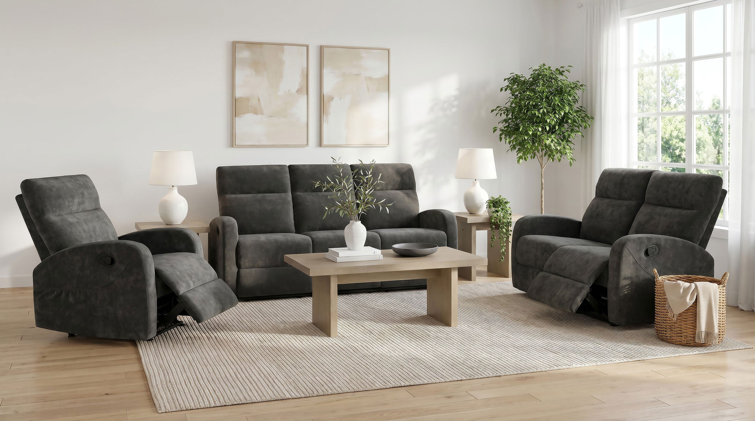 Best Furniture Outlet - Coaster - Hamilton 3-piece Chenille Manual Reclining Sofa Set Charcoal Grey - 603374-S3