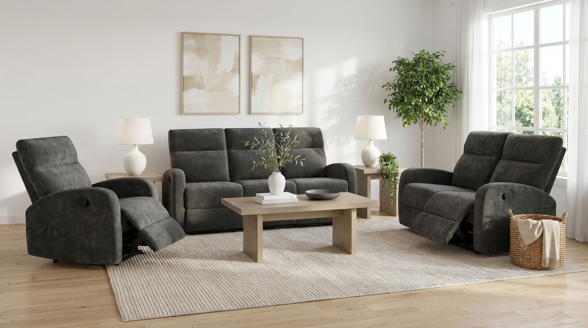 Best Furniture Outlet - Coaster - Hamilton 3-piece Chenille Manual Reclining Sofa Set Charcoal Grey - 603374-S3