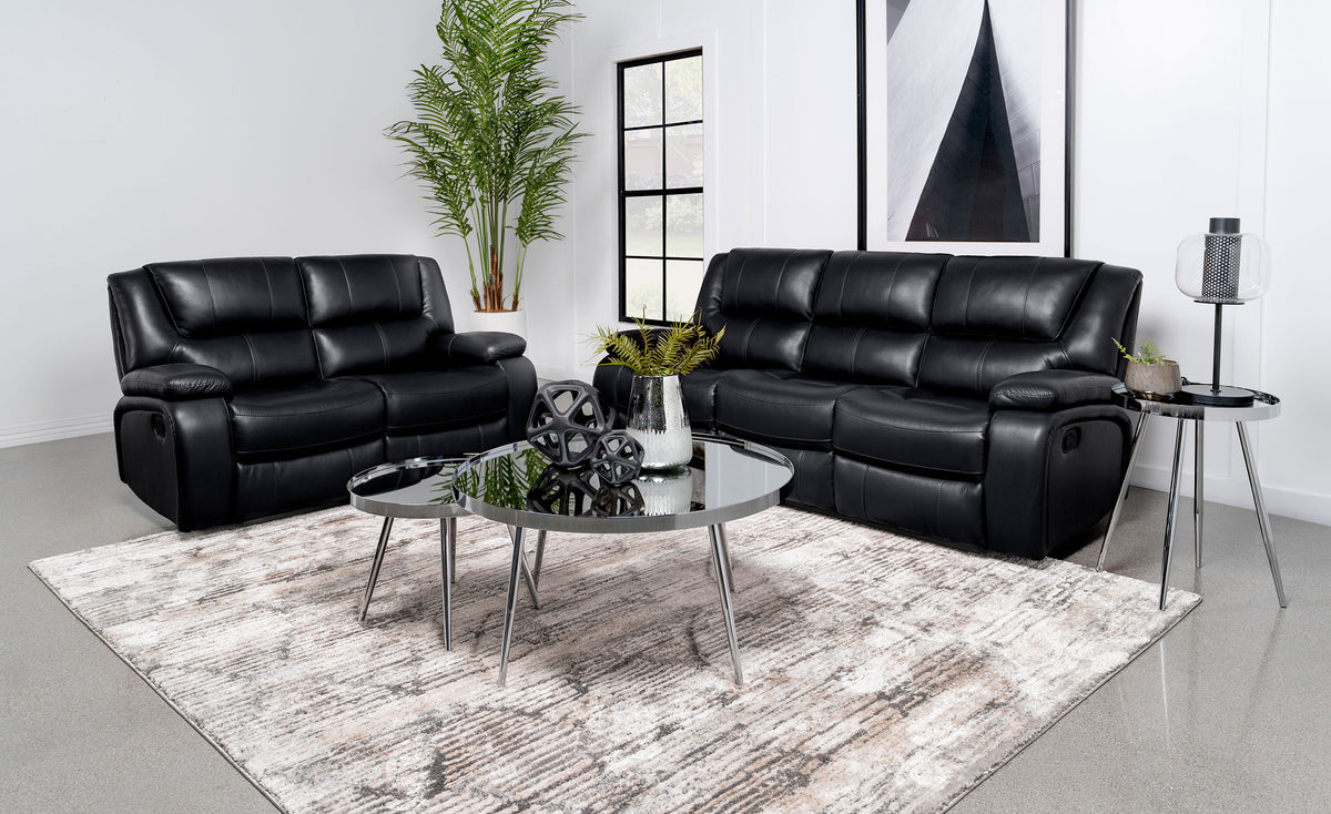 Best Furniture Outlet - Coaster - Camila 2-piece Upholstered Motion Reclining Sofa Set Black - 610244-S2