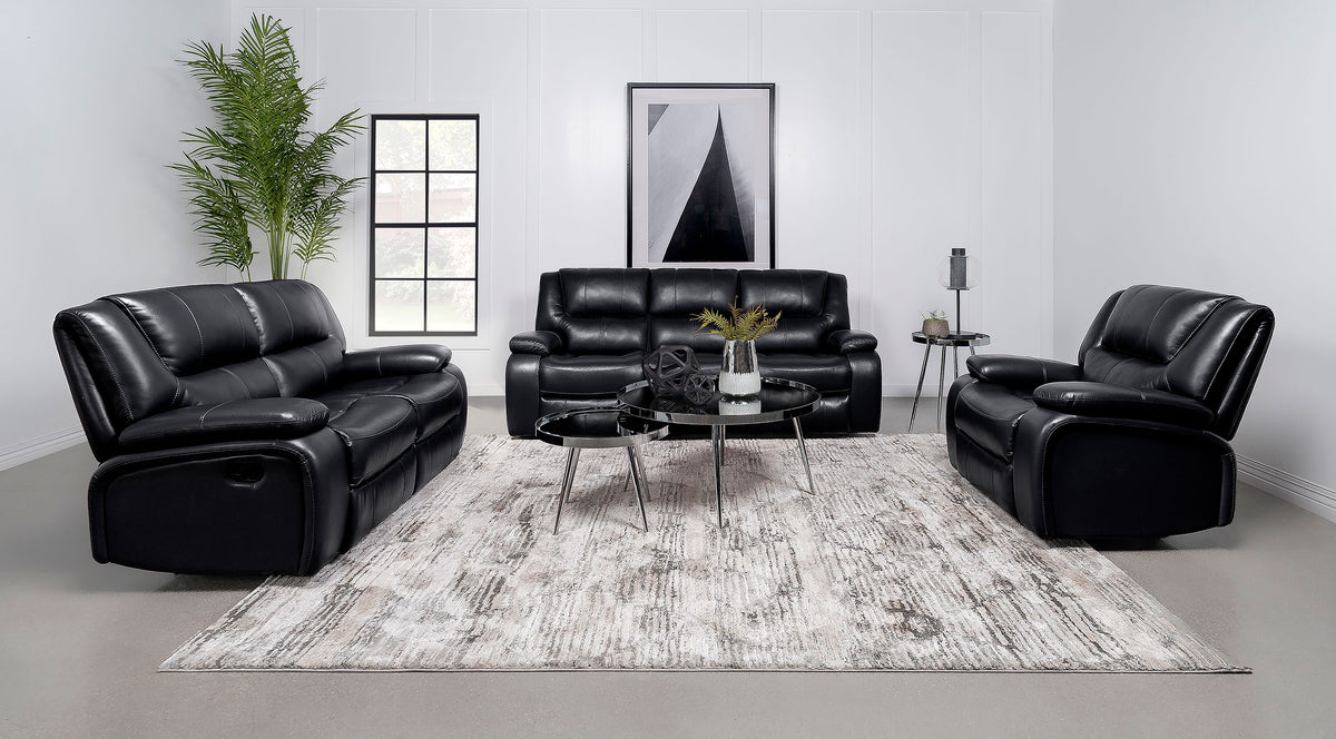 Best Furniture Outlet - Coaster - Camila 3-piece Upholstered Motion Reclining Sofa Set Black - 610244-S3