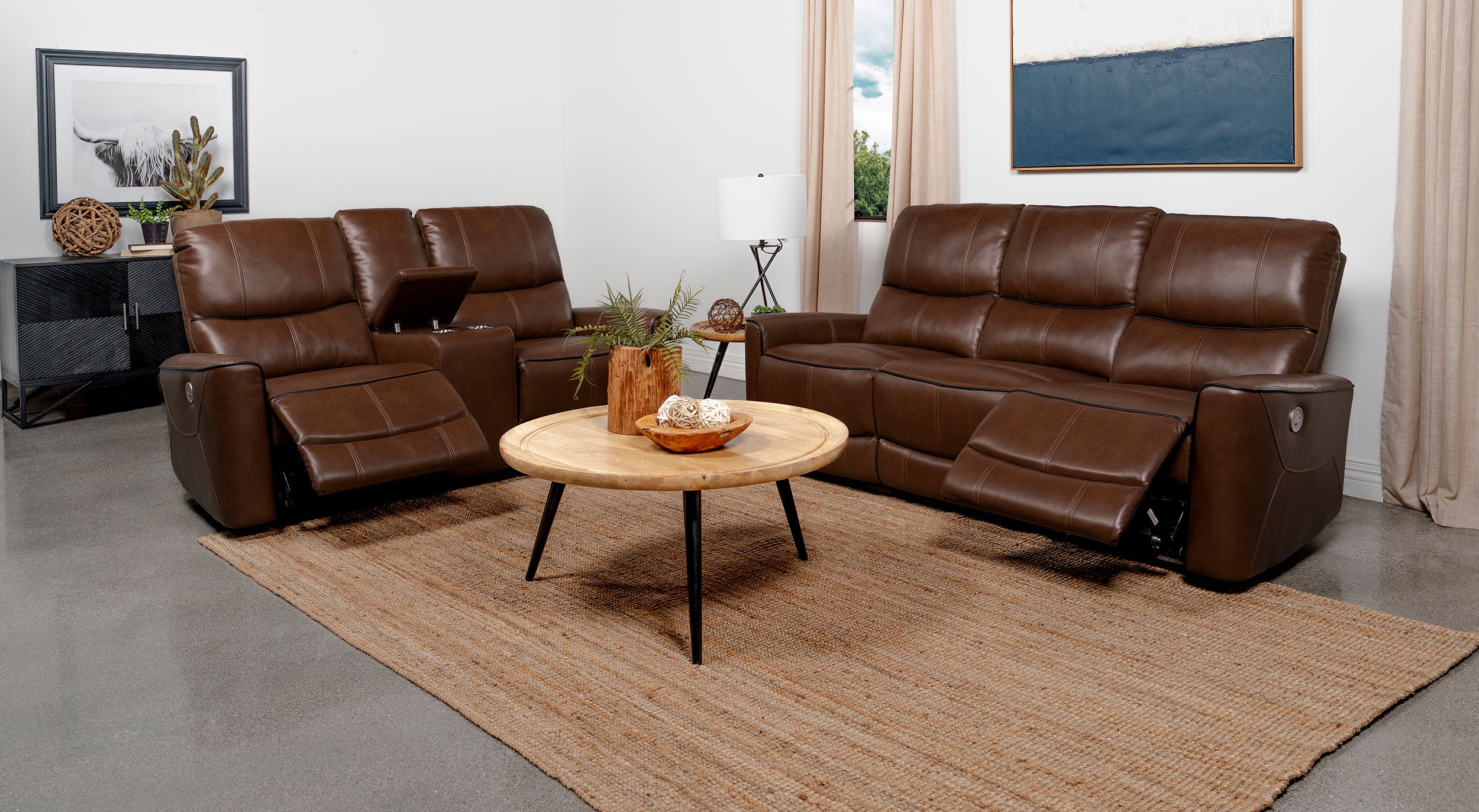 Best Furniture Outlet - Coaster - Greenfield 2-piece Power Reclining Sofa Set Saddle Brown - 610264P-S2