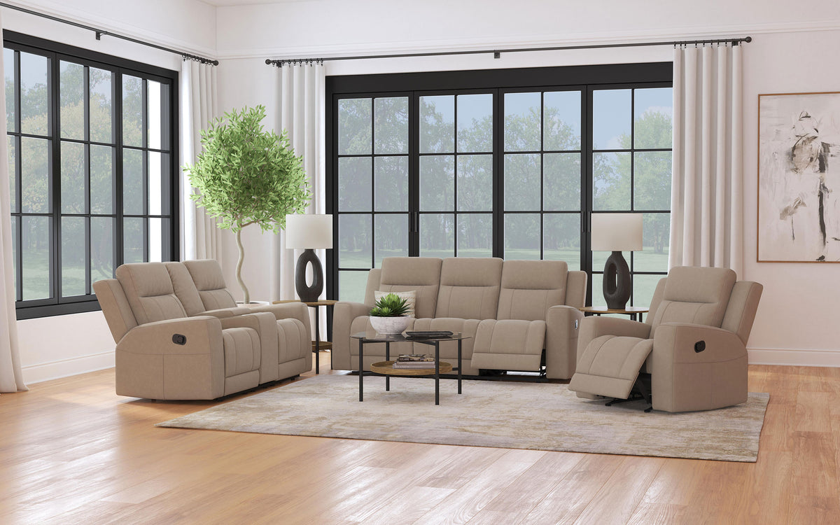 Best Furniture Outlet - Coaster - Brentwood 3-piece Upholstered Reclining Sofa Set Taupe - 610281-S3