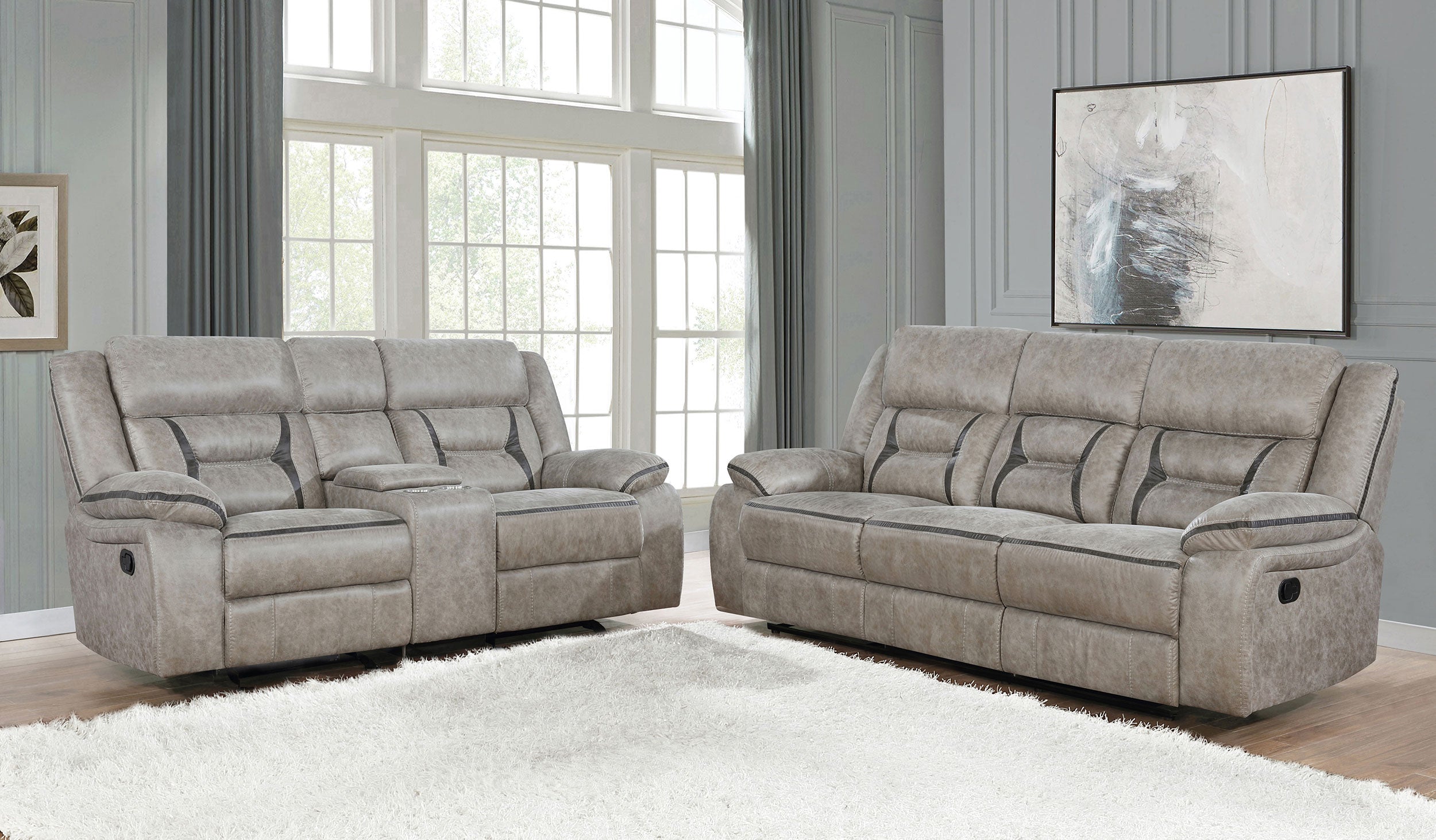 Best Furniture Outlet - Coaster - Greer 2-piece Upholstered Reclining Sofa Set Taupe - 651351-S2