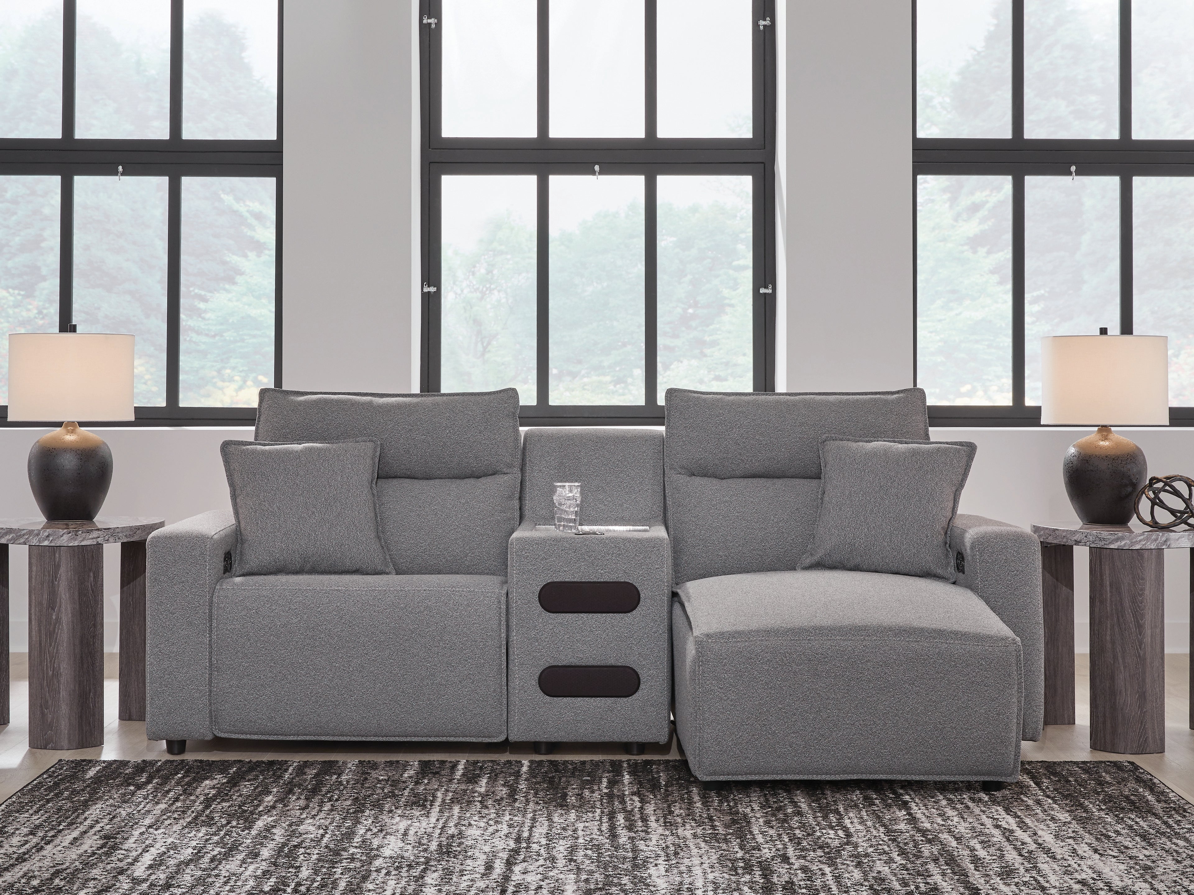 Best Furniture Outlet - Ashley Furniture - ModMax II Sectional - 3-Piece Power Reclining Sectional with Chaise and Audio Console / Salt and Pepper - 65906S5