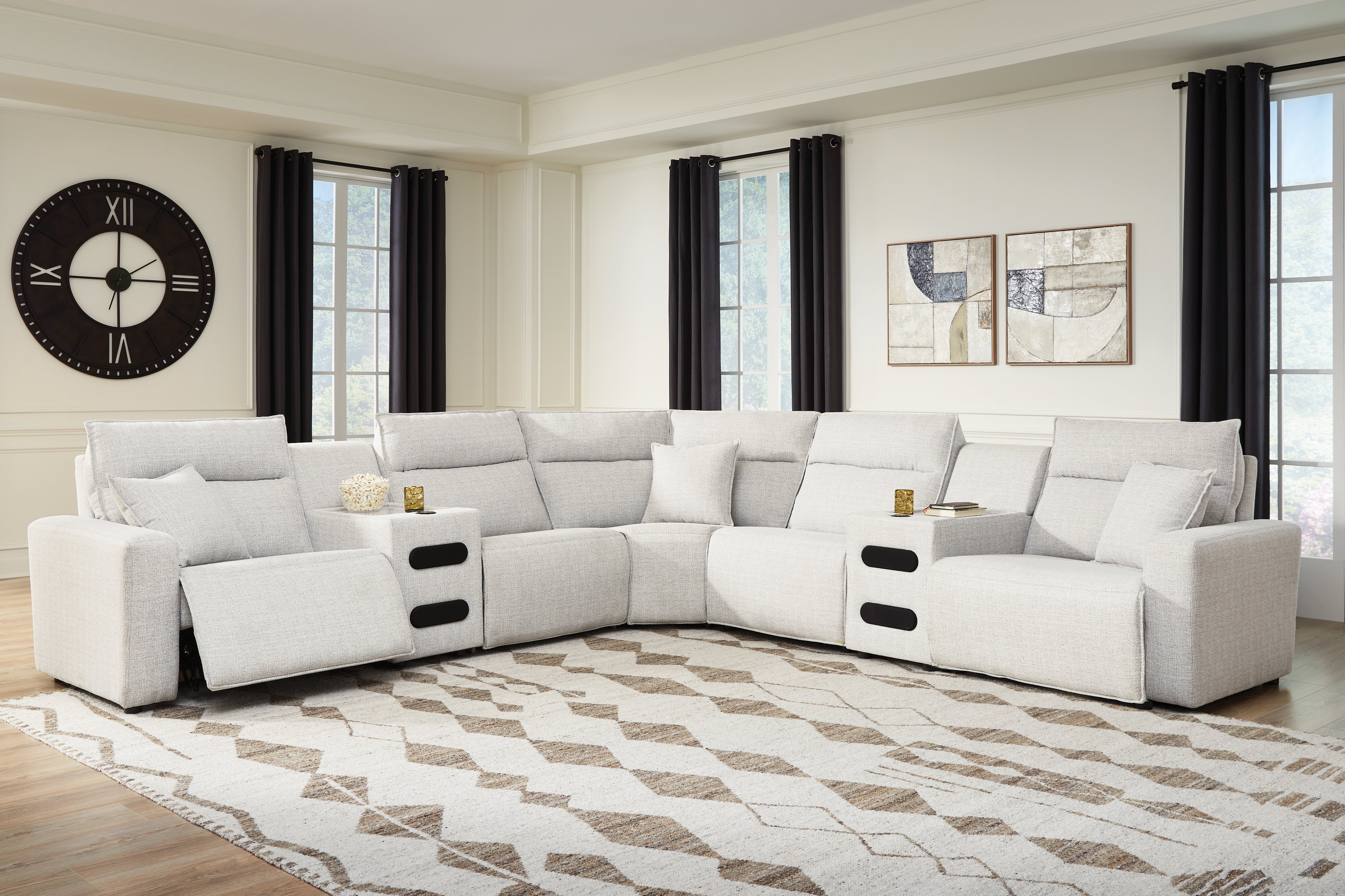 Best Furniture Outlet - Ashley Furniture - ModMax II Sectional - 7-Piece Power Reclining Sectional with Audio Consoles / Stone - 65907S9