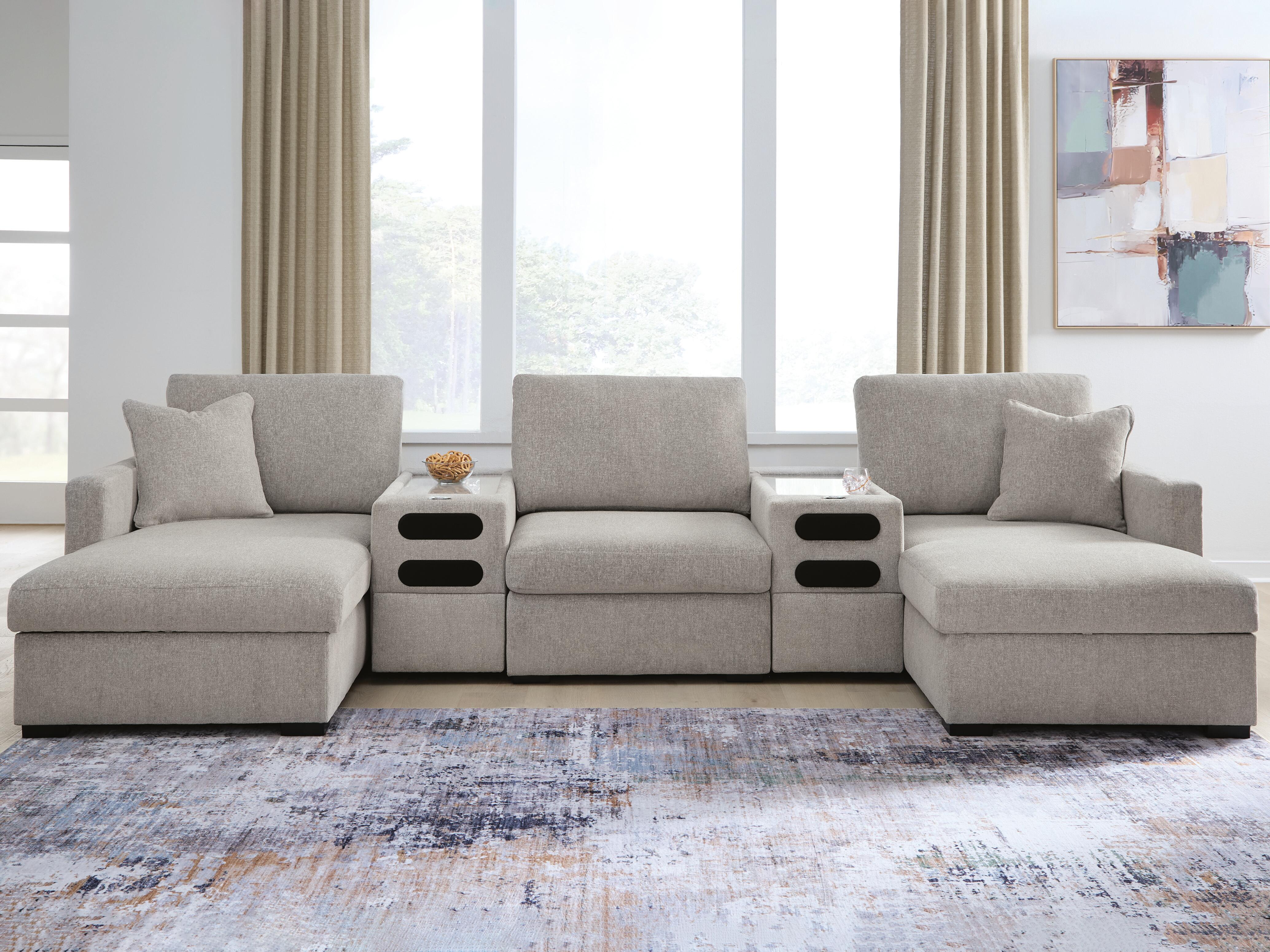 Best Furniture Outlet - Ashley Furniture - ModMax Luxe Sectional - RAF 5-Piece Double Chaise Sectional with Audio Consoles / Flint - 68605S43