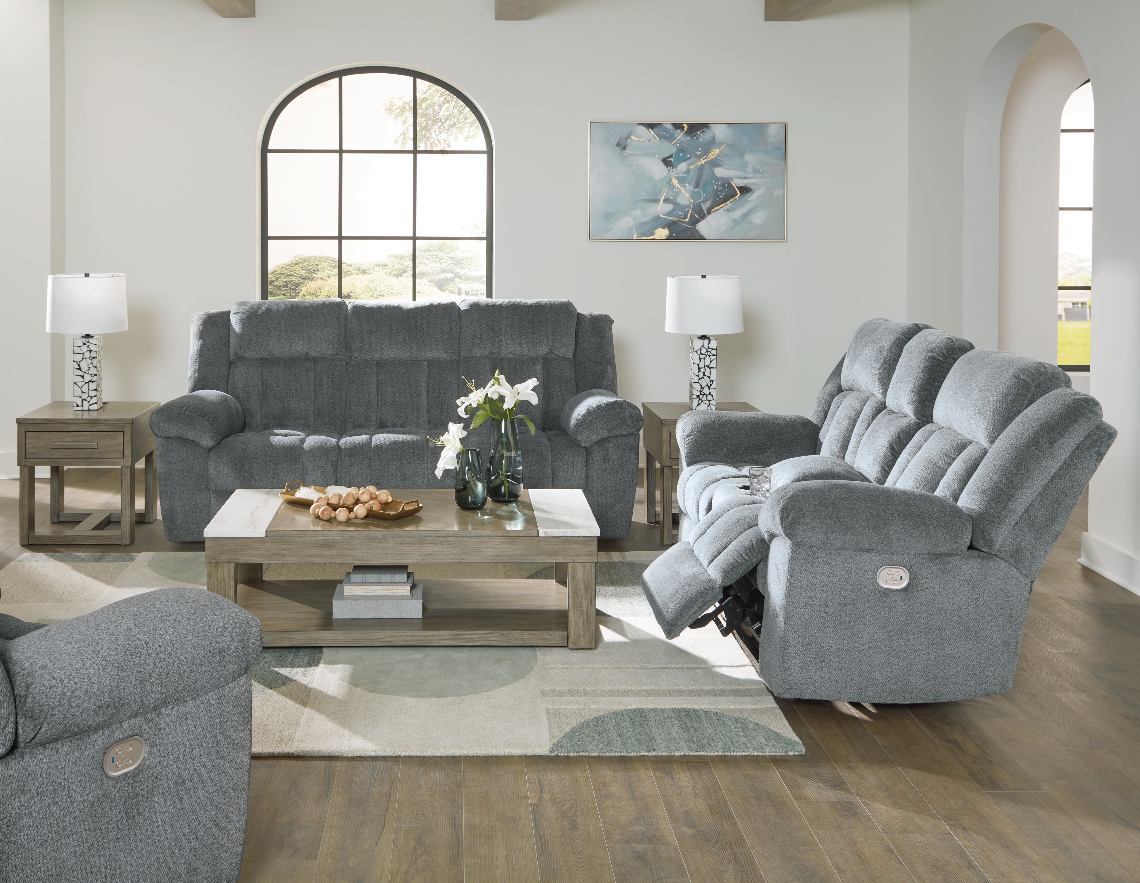 Best Furniture Outlet - Ashley Furniture - Tip-Off Power Reclining Sofa, Loveseat and Recliner - Power Reclining Sofa, Loveseat and Recliner / Slate - 69304U2