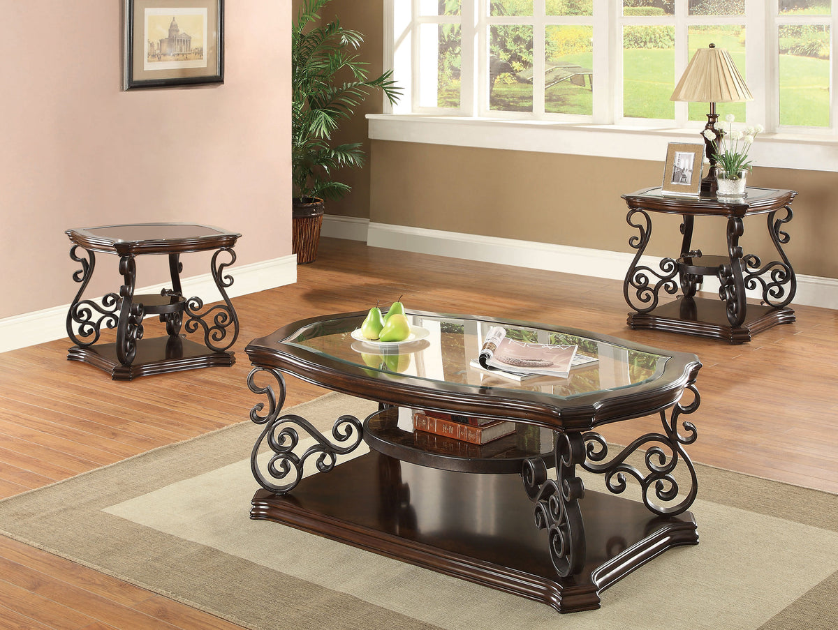 Best Furniture Outlet - Coaster - Laney 3-piece Glass Top Coffee and End Table Set Dark Merlot - 702448-S3