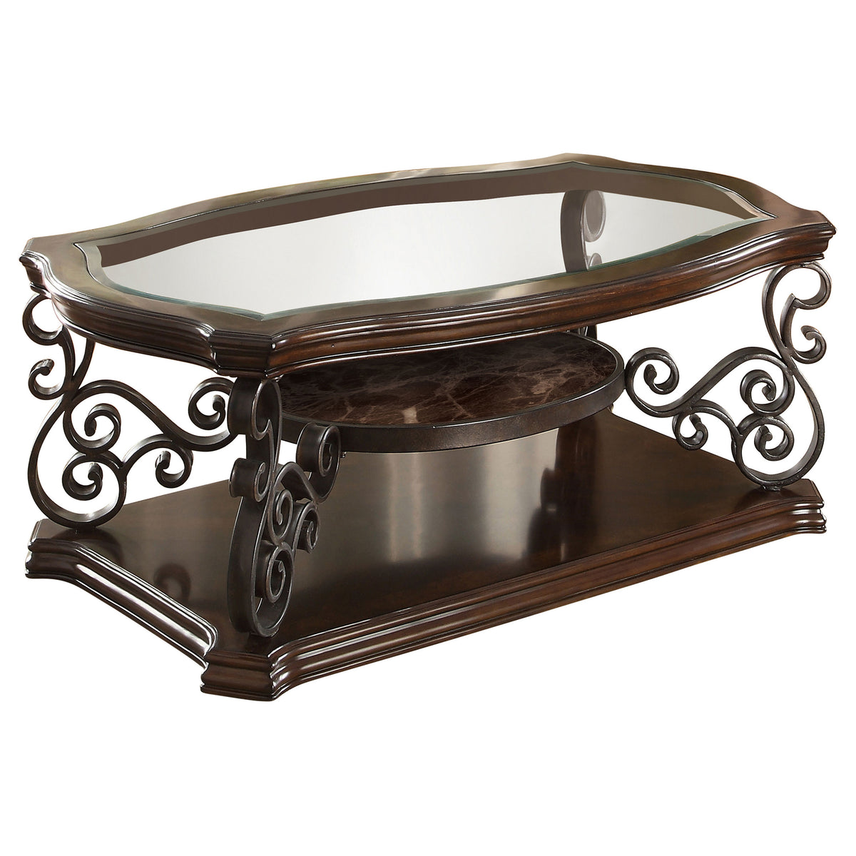 Best Furniture Outlet - Coaster - Laney 1-shelf Glass Top Rectangular Coffee Table Deep Merlot - 702448