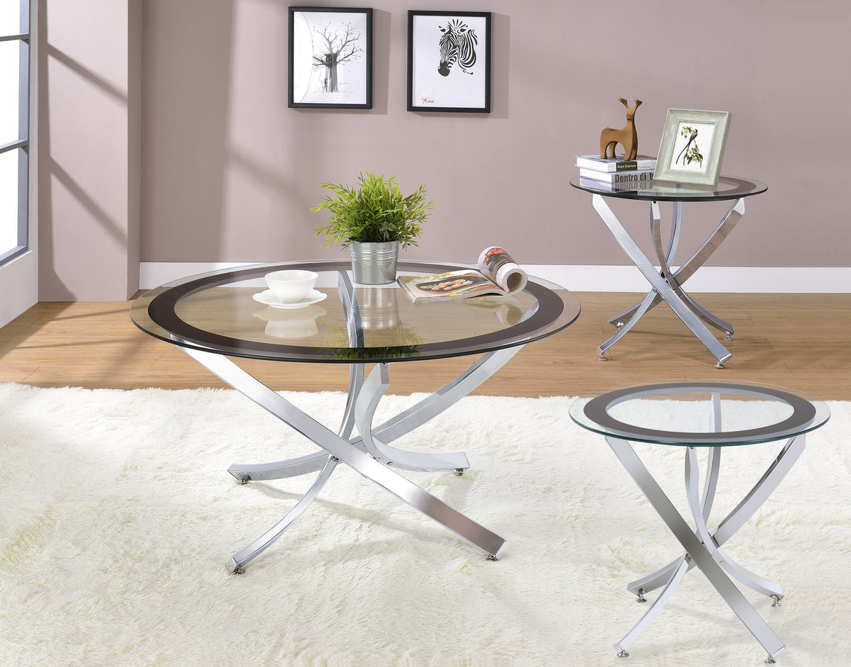 Best Furniture Outlet - Coaster - Brooke 3-piece Round Coffee and End Table Set Chrome - 702588-S3