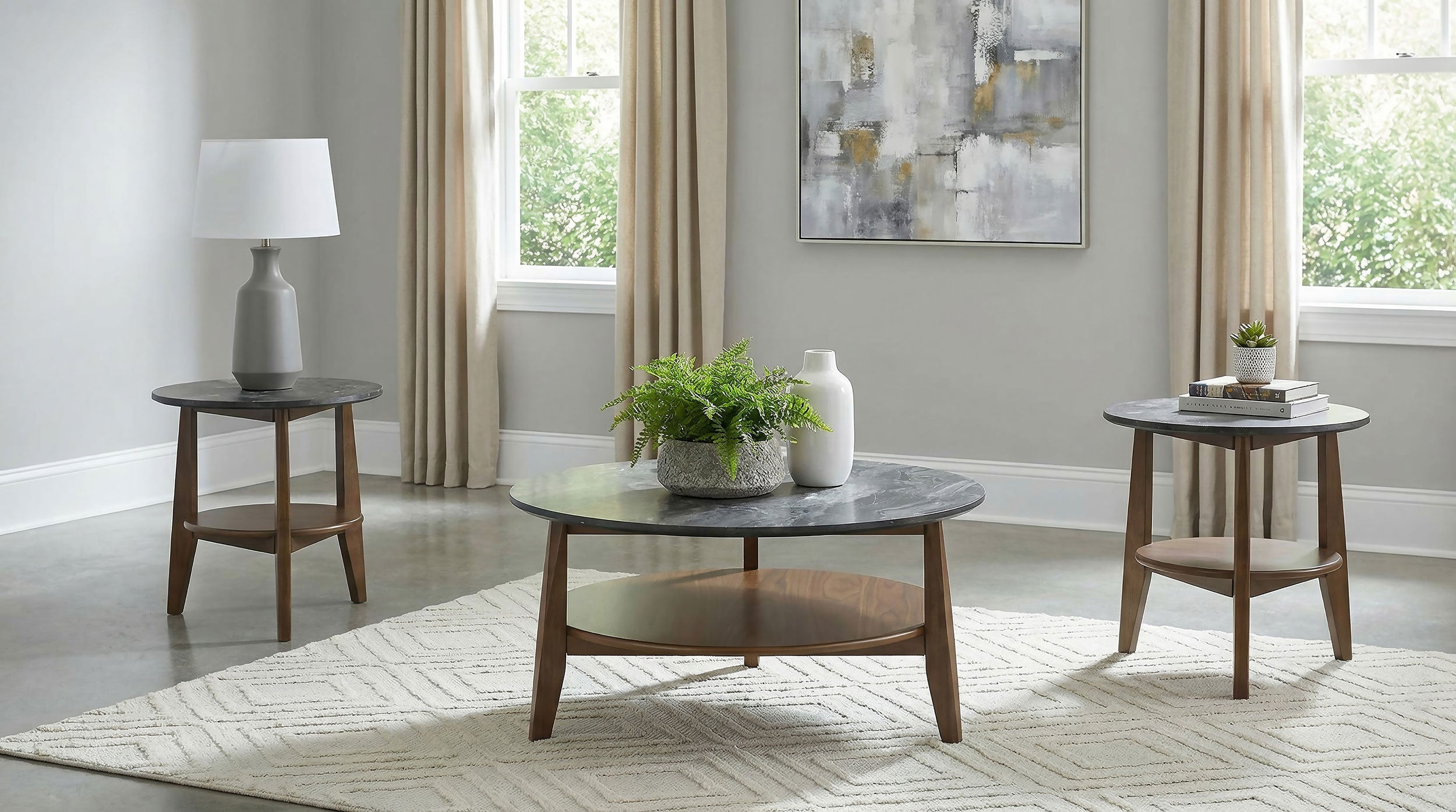 Best Furniture Outlet - Coaster - Bradley 3-Piece Round SmartTop Coffee Table Set Smokey Grey and Brown - 706458-S3