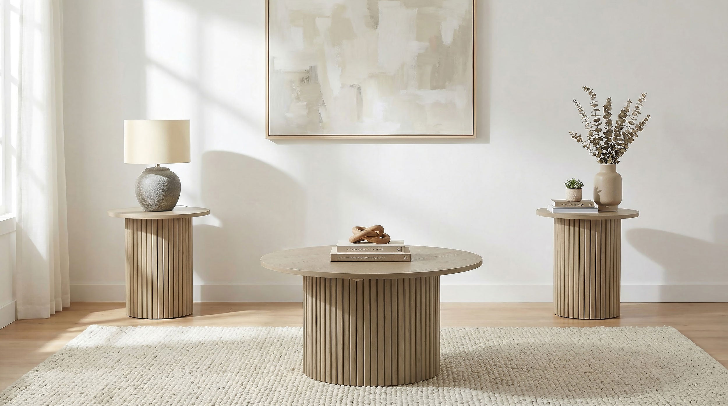 Best Furniture Outlet - Coaster - Hamlyn 3-piece Round Fluted Coffee and End Table Set Natural Oak - 706498-S3