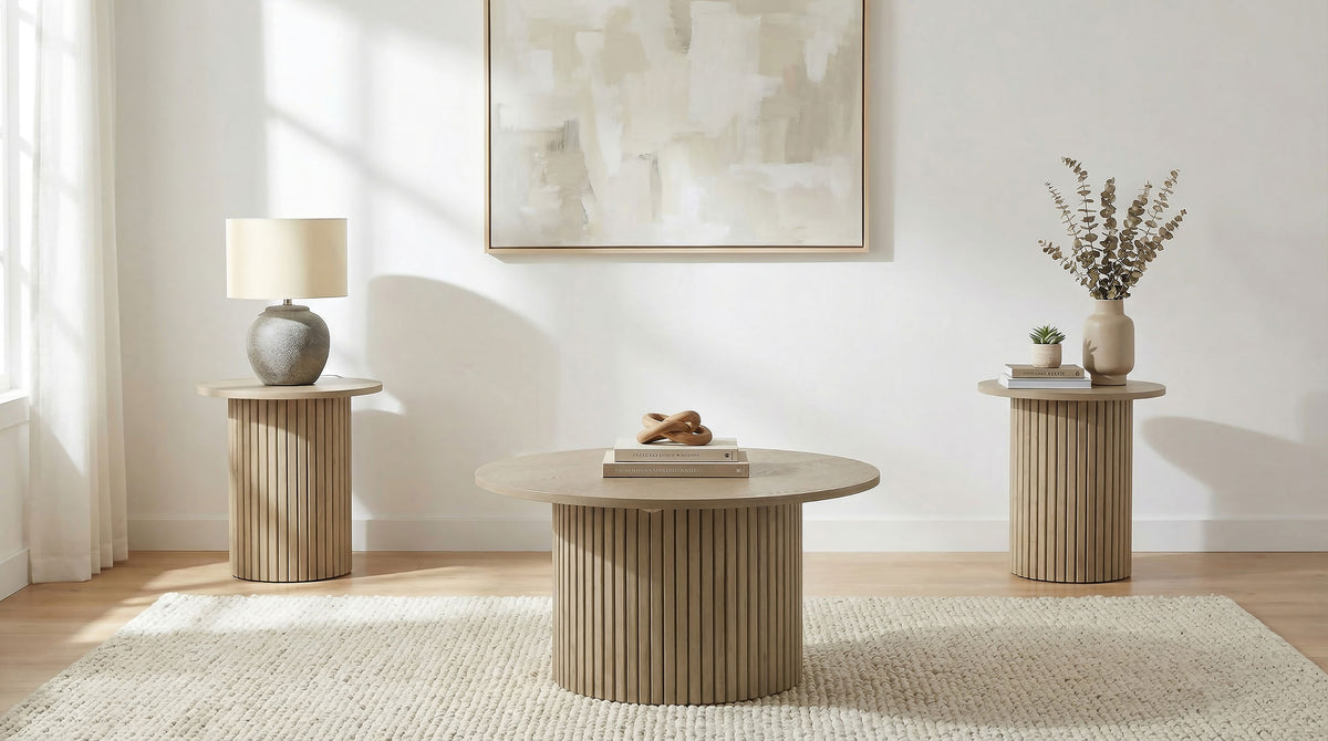 Best Furniture Outlet - Coaster - Hamlyn 3-piece Round Fluted Coffee and End Table Set Natural Oak - 706498-S3