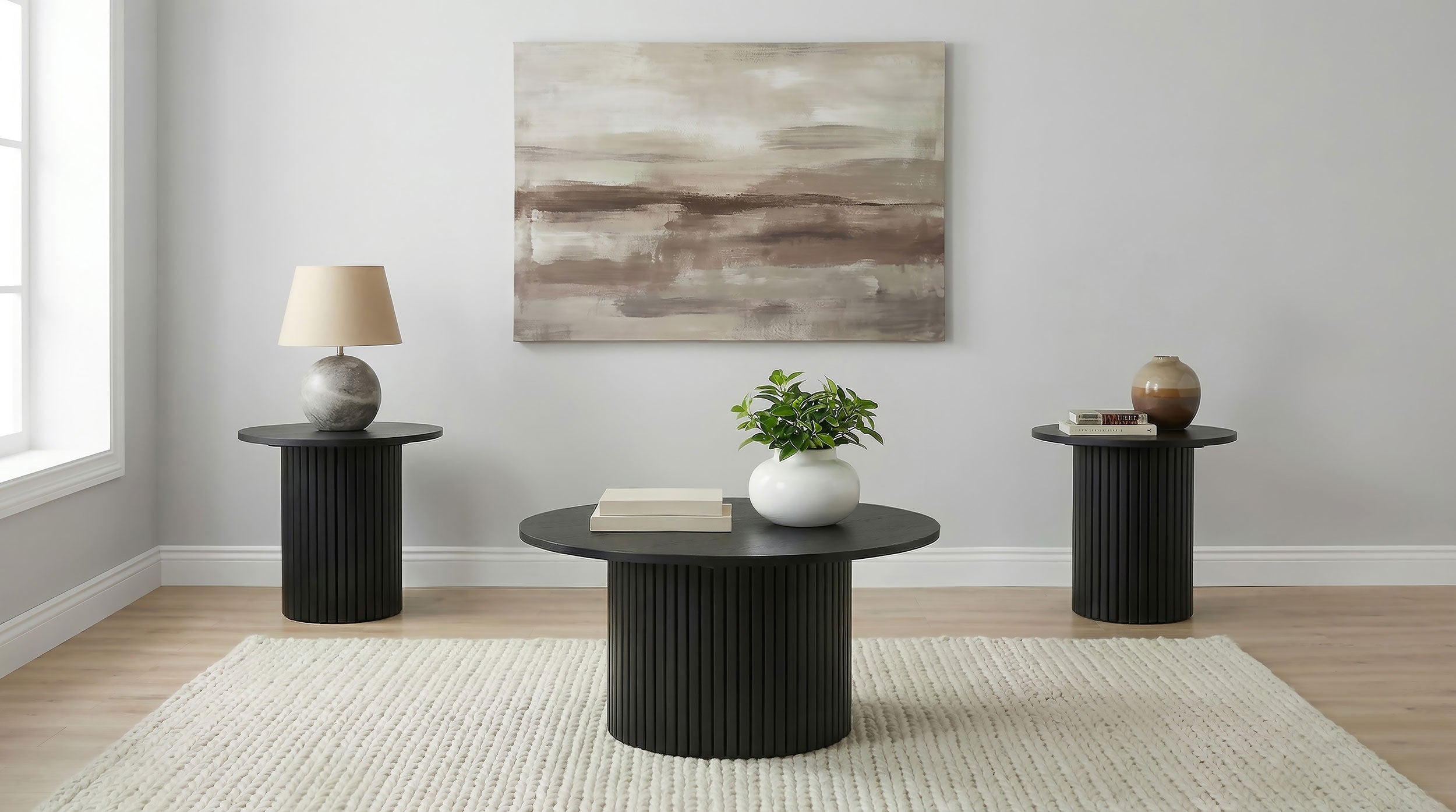 Best Furniture Outlet - Coaster - Hamlyn 3-piece Round Fluted Coffee and End Table Set Black - 706508-S3