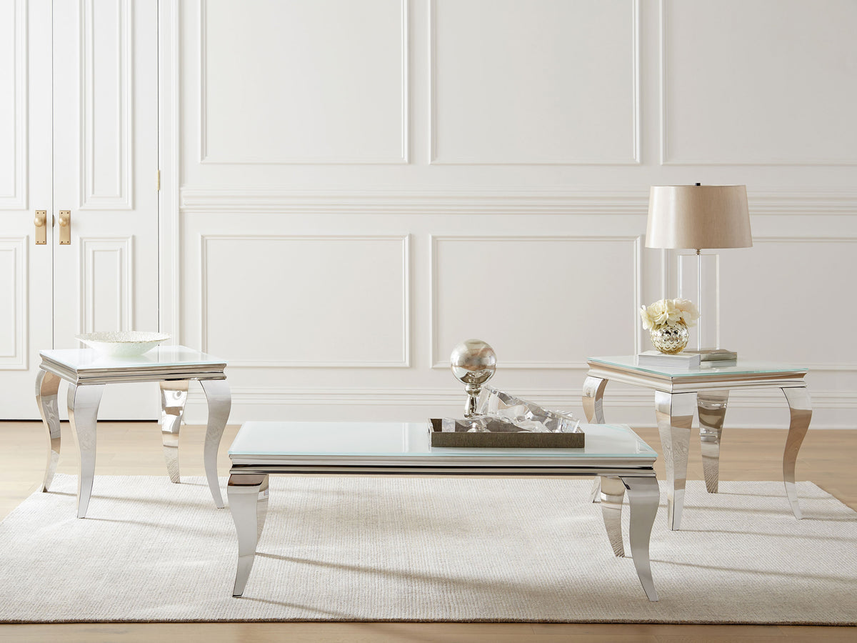 Best Furniture Outlet - Coaster - Carone 3-piece Glass Top Coffee and End Table Set White - 707768-S3