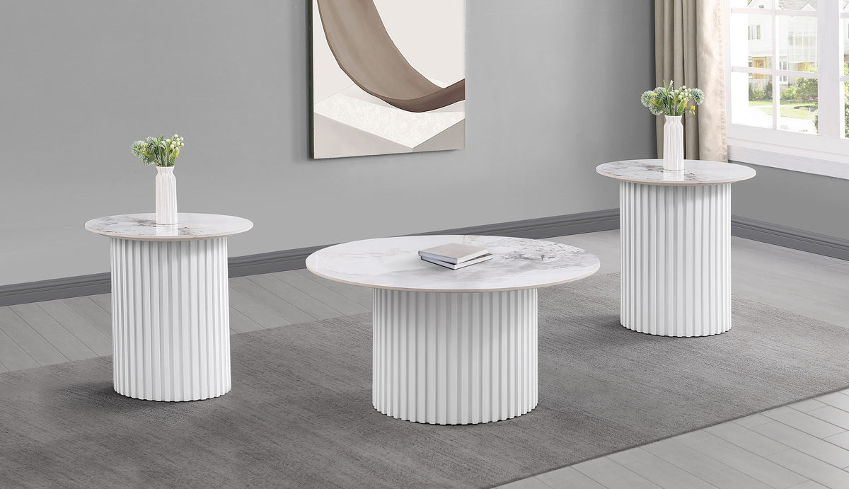 Best Furniture Outlet - Coaster - Rowena 3-piece Coffee and End Table Set White Faux Marble - 708338-S3