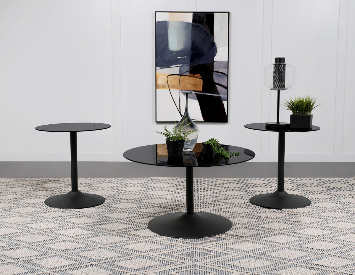 Best Furniture Outlet - Coaster - Ganso 3-piece Round Glass Top Coffee and End Table Set Black - 709688-S3