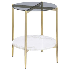 Best Furniture Outlet - Coaster - Jonelle Round Glass Top End Table White Marble Shelf Gold - 710337